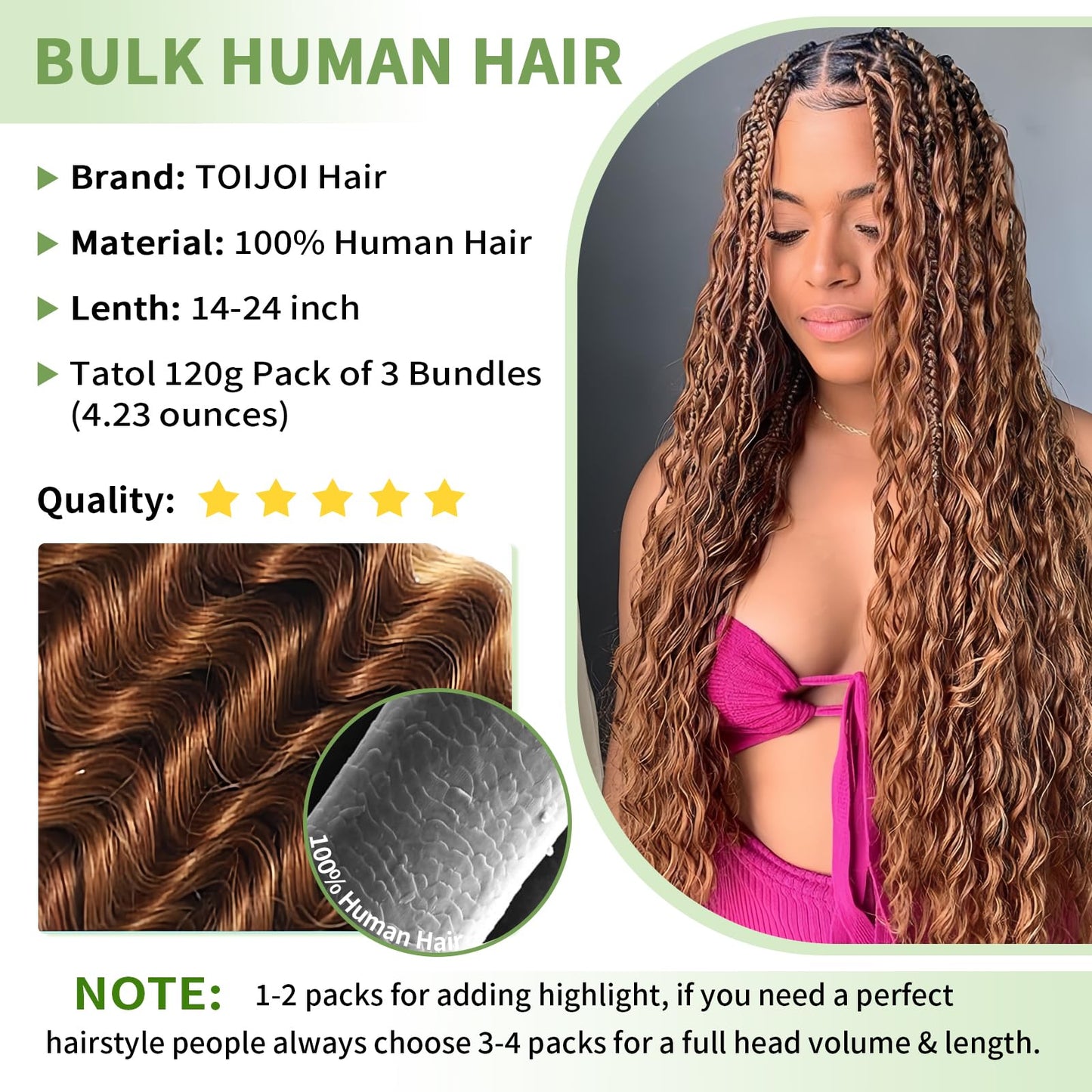 Human Braiding Hair for Boho Braids 120g 20 Inch 12A Deep Water Wave Bulk Human Hair Knotless Boho Braiding Curly 100% Virgin No Weft Extensions Bohemian Braids 3 Bundles/Pack Natural Color
