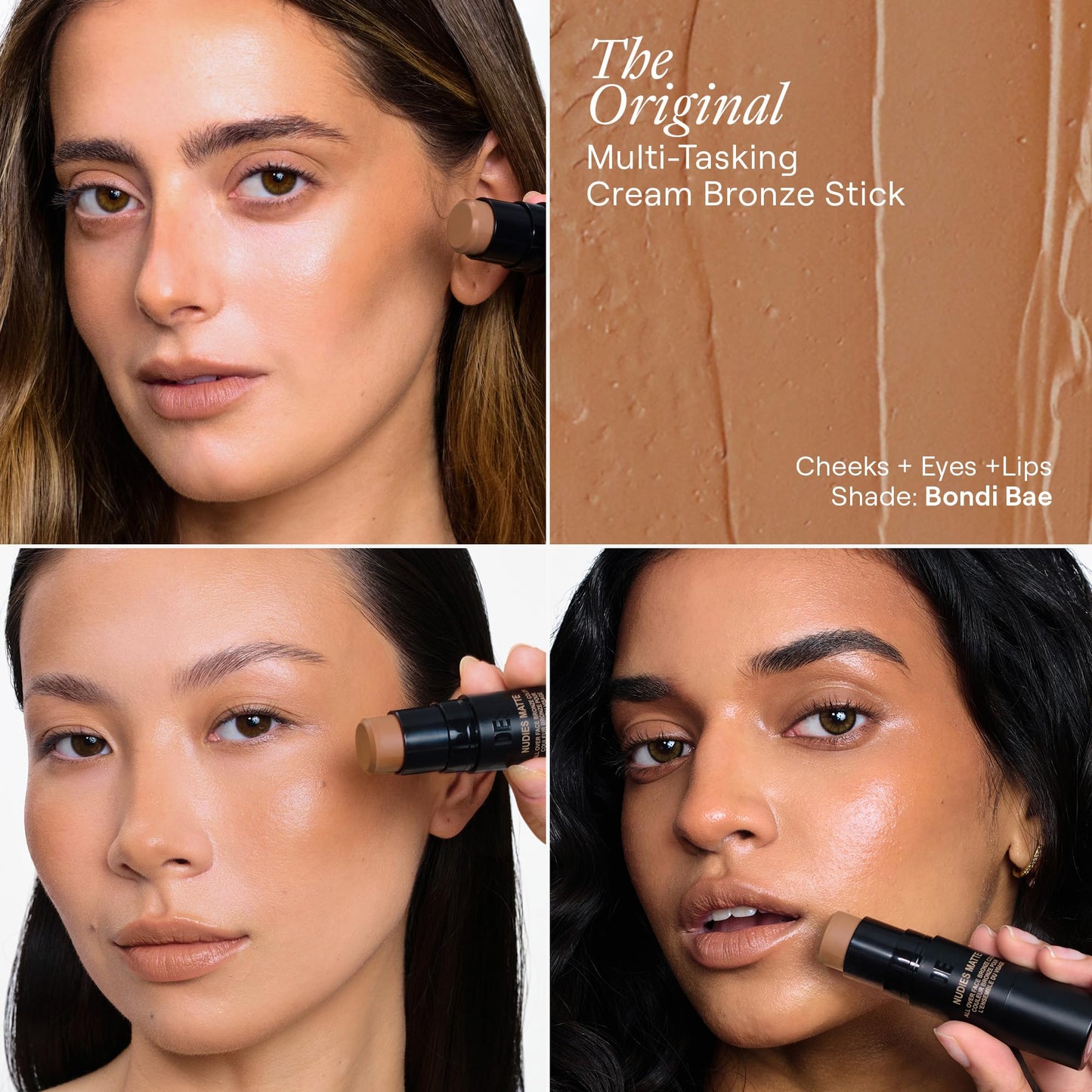 Nudestix Nudies Bronze All Over Matte Bronzing Stick – 3-in-1 Cream Bronzer for Cheeks, Eyes & Lips with Built-In Brush | Natural Contour & Sun-Kissed Glow | Bondi Bae