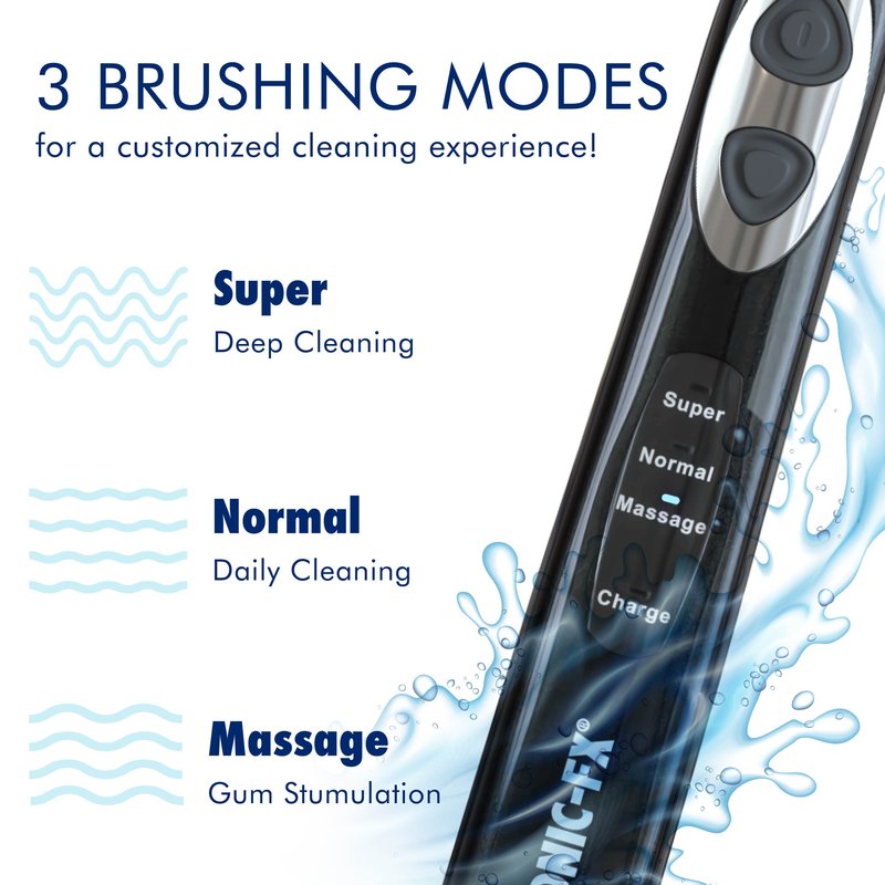 Sonic-FX Solo Electric Toothbrush w/ 10 Brush Heads + 1 Interdental, Charcoal Bristles, Rechargeable, Charging/Storage Base, 3 Brush Modes, Smart Timer, 2 Months Use on Full Charge, Black Color