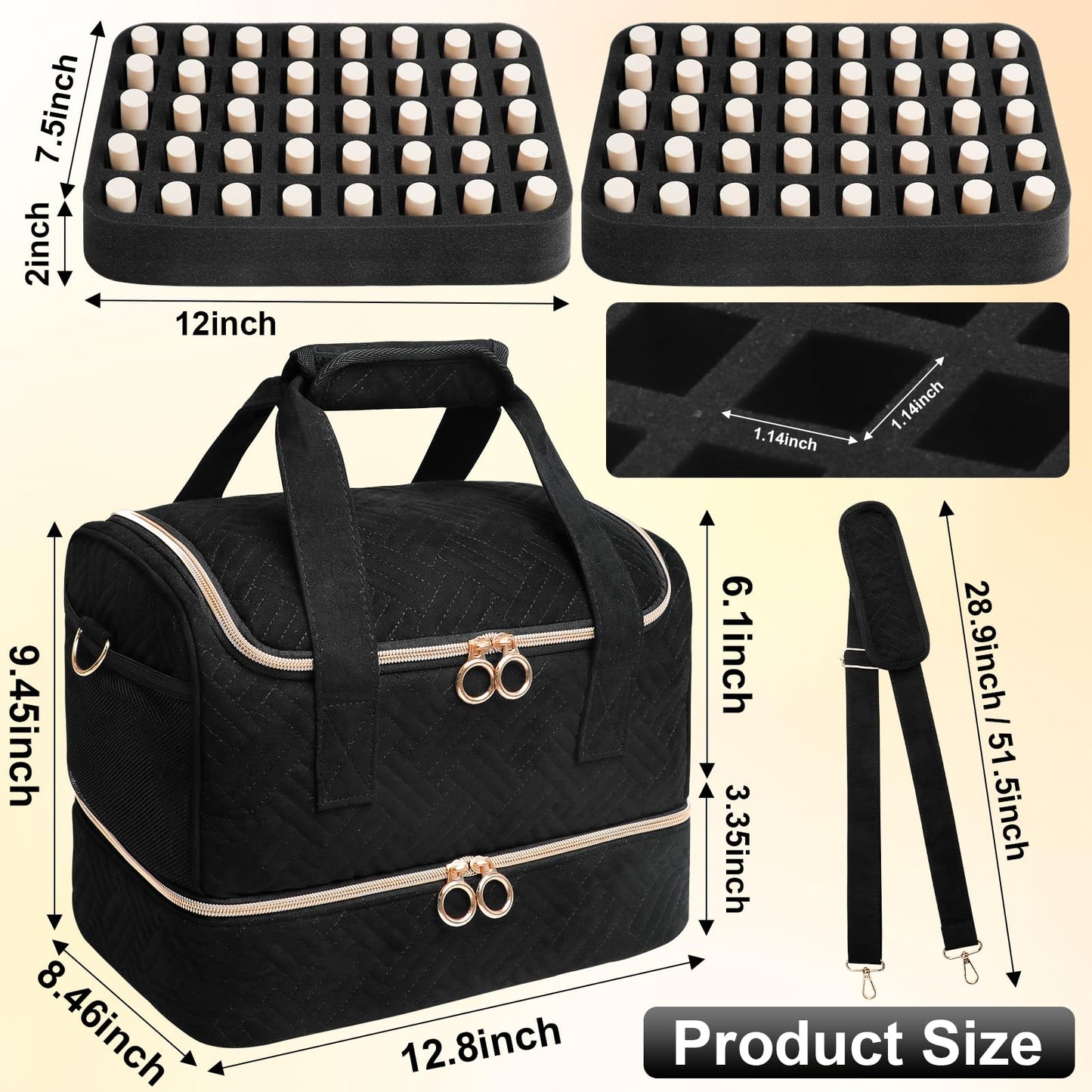 Veirdro Nail Polish Organizer Bag Holds 80 Bottles (15ml/0.5fl.oz)& Nail Lamp, Soft Velvet Nail Kit Storage Carrying Case with Shoulder Strap, Double Layer Nail Supplies Organizer Handbag Women Black