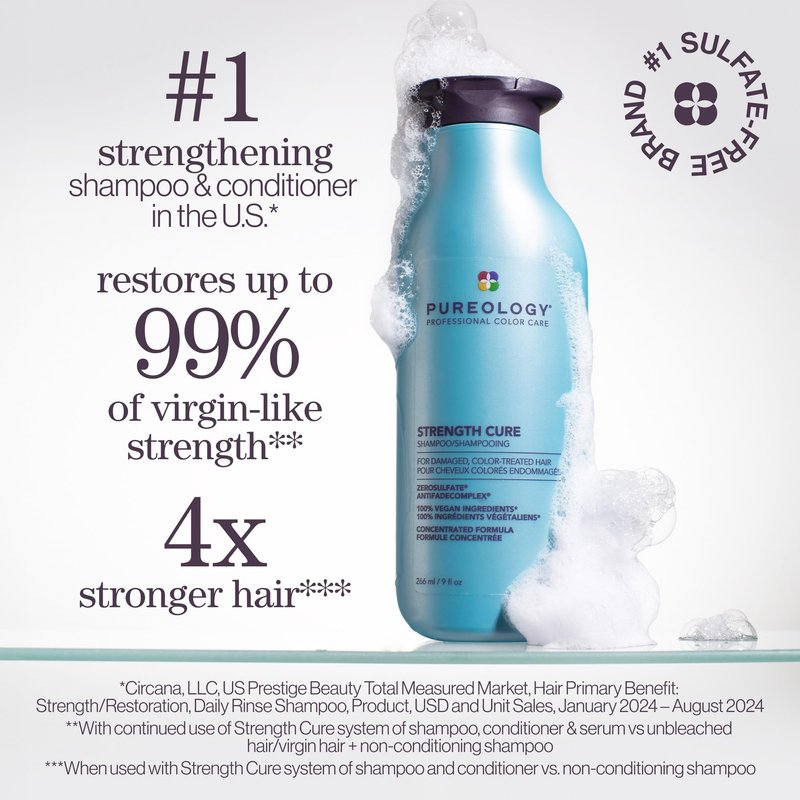 Pureology Strength Cure Shampoo - For Damaged or Color Treated Hair, Hair Repair, Reduces Damage & Seals Split Ends, Protects Color Vibrancy, Vegan & Sulfate Free, 1.7 Fl Oz