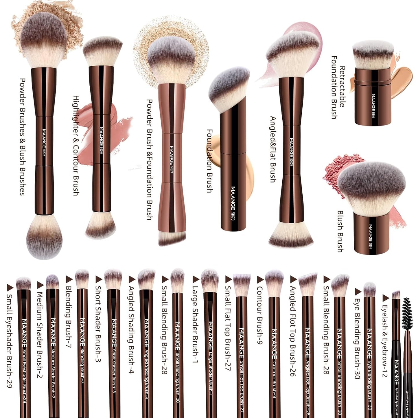 MAANGE 20 Pcs Makeup Brushes Set - Double-End Multi-Functional Blending Brushes | Coffee Brown