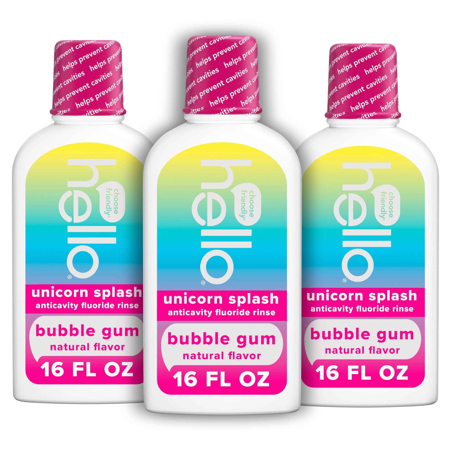 Hello Kids Mouthwash with Unicorn Bubble Gum Flavor, Alcohol Free Mouthwash for Kids with Fluoride, Safe for Ages 6 and Up, Anticavity, Vegan, No Alcohol, No Dyes, 16 Oz Bottles (Pack of 3)