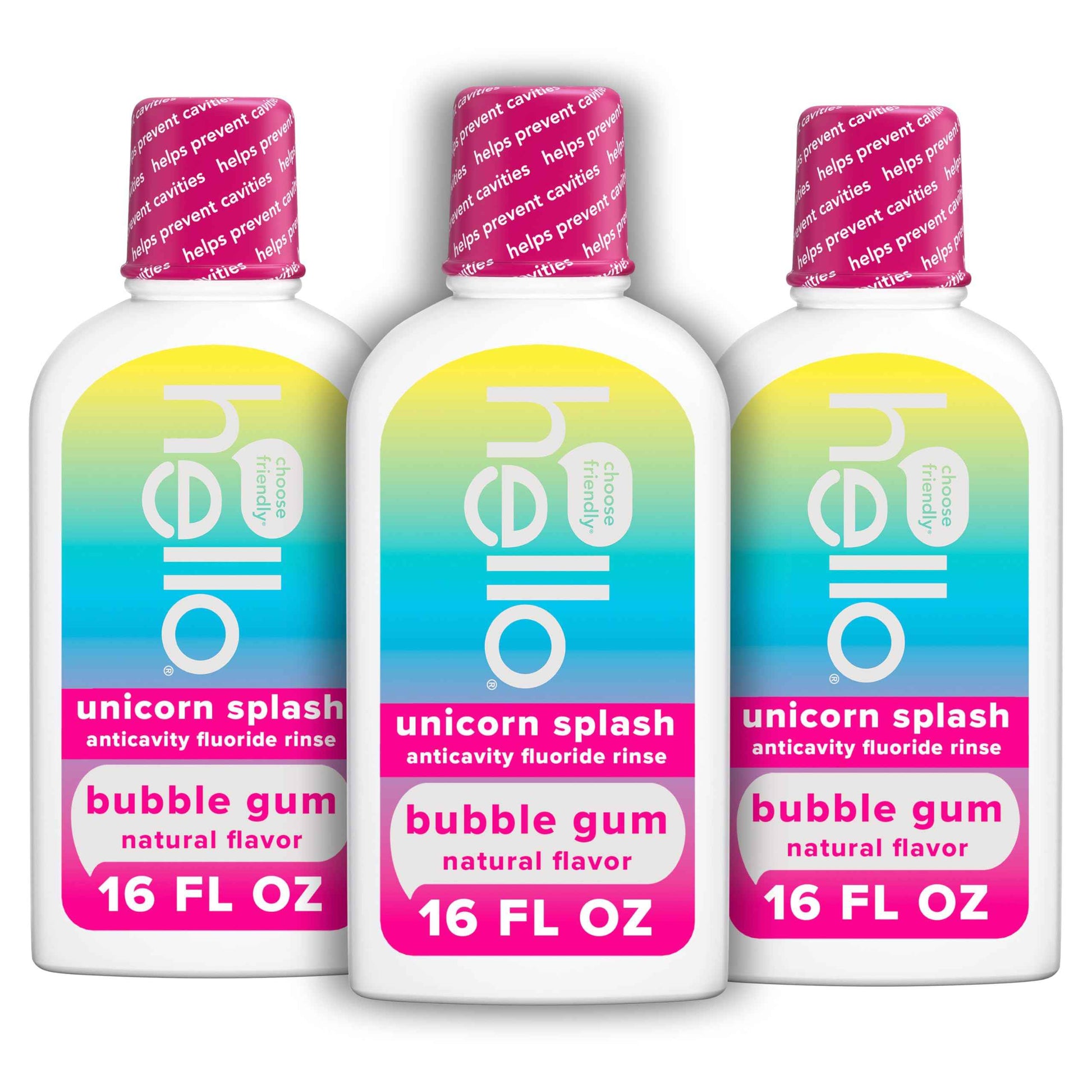 Hello Kids Mouthwash with Unicorn Bubble Gum Flavor, Alcohol Free Mouthwash for Kids with Fluoride, Safe for Ages 6 and Up, Anticavity, Vegan, No Alcohol, No Dyes, 16 Oz Bottles (Pack of 3)