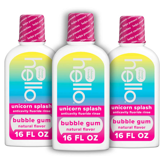 Hello Kids Mouthwash with Unicorn Bubble Gum Flavor, Alcohol Free Mouthwash for Kids with Fluoride, Safe for Ages 6 and Up, Anticavity, Vegan, No Alcohol, No Dyes, 16 Oz Bottles (Pack of 3)