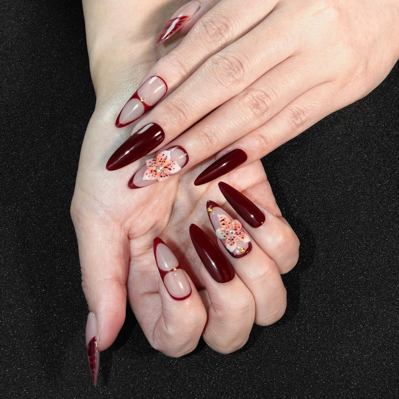 Handmade Burgundy Glossy Stiletto Press-On Nails - 3D Flower Rhinestone Design | Reusable Fake Nails for Women (Size M)