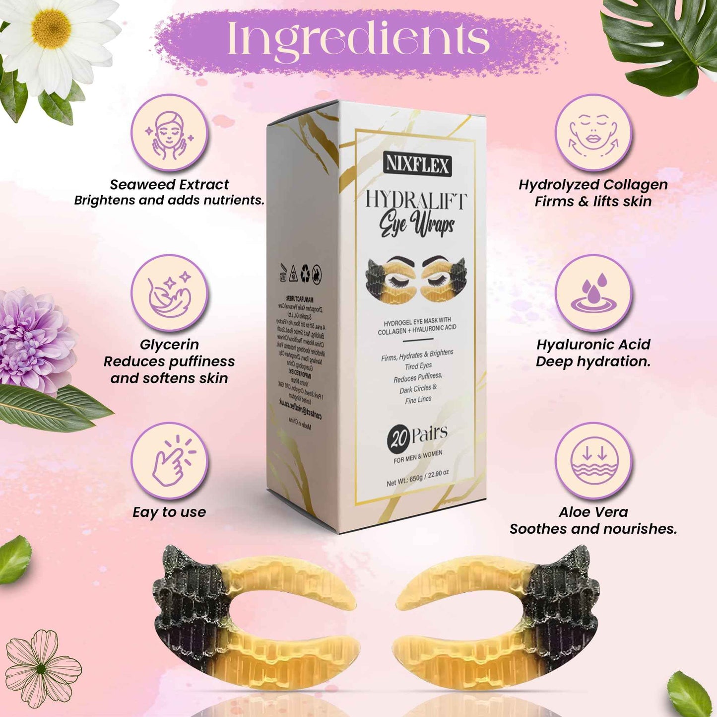 NixFlex Under Eye Patches – 20 Pairs Collagen & Hyaluronic Acid Eye Masks for Dark Circles, Puffiness & Wrinkles | Hydrating, Firming, Anti-Aging, Vegan & Sensitive Skin Friendly