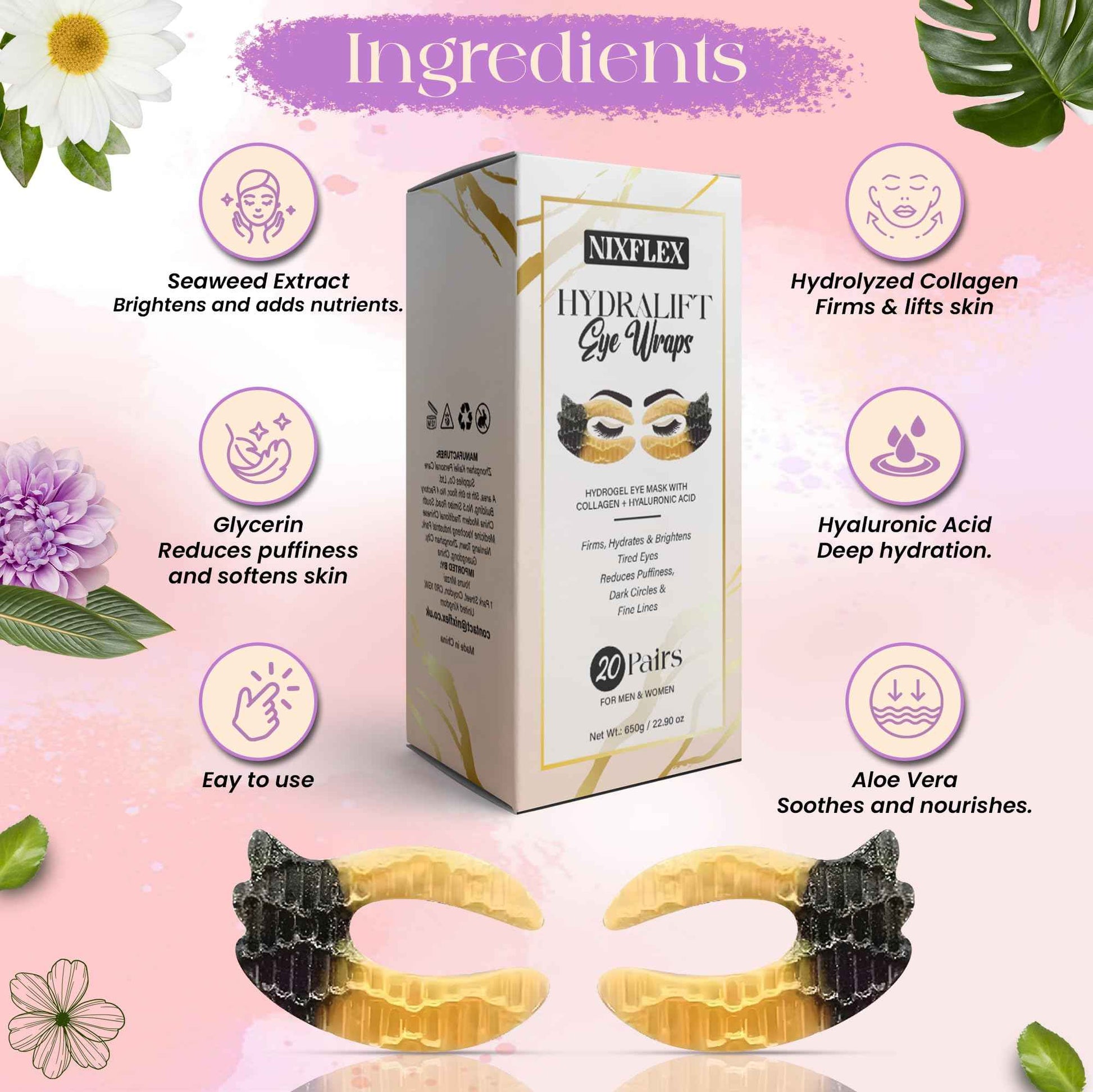 NixFlex Under Eye Patches – 20 Pairs Collagen & Hyaluronic Acid Eye Masks for Dark Circles, Puffiness & Wrinkles | Hydrating, Firming, Anti-Aging, Vegan & Sensitive Skin Friendly