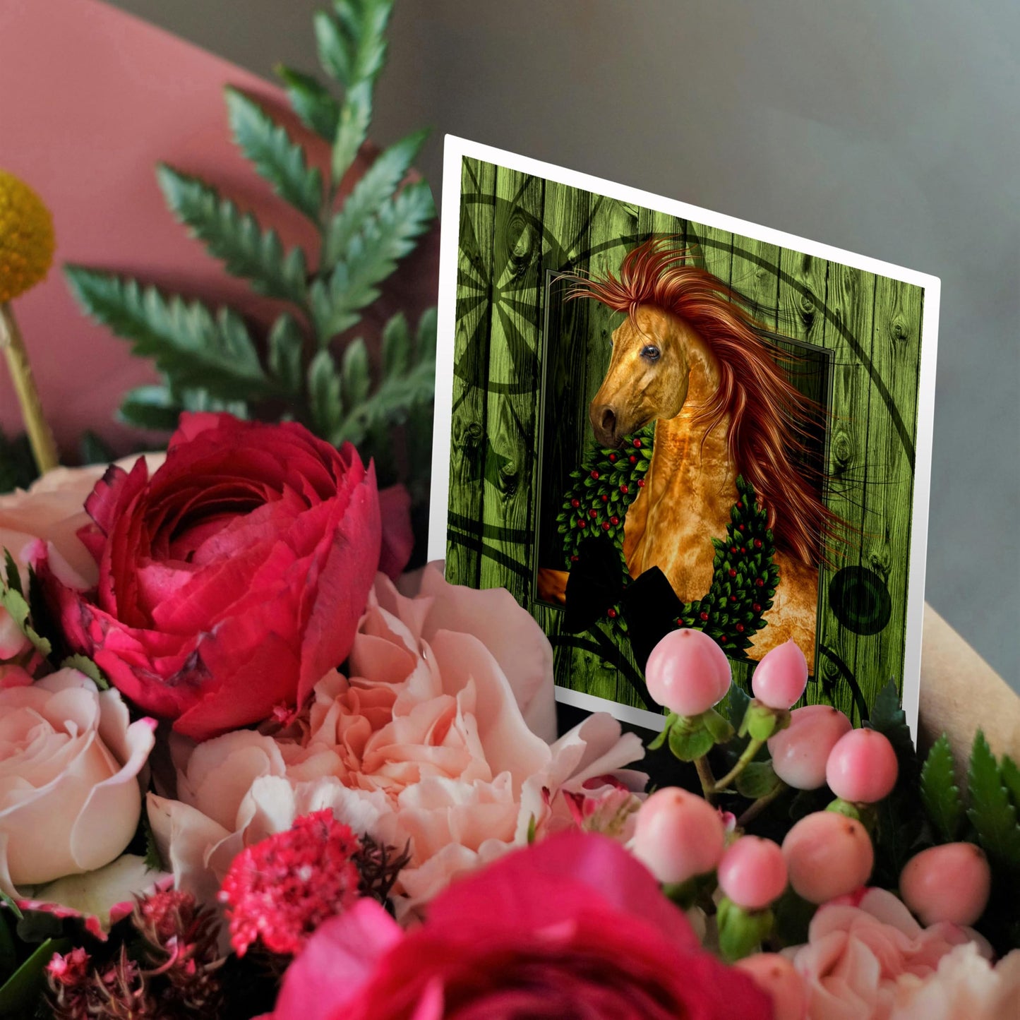 3dRose Western Christmas Horse with Wreath and Barn Wood Greeting Cards, Set of 6 (gc_164738_1)