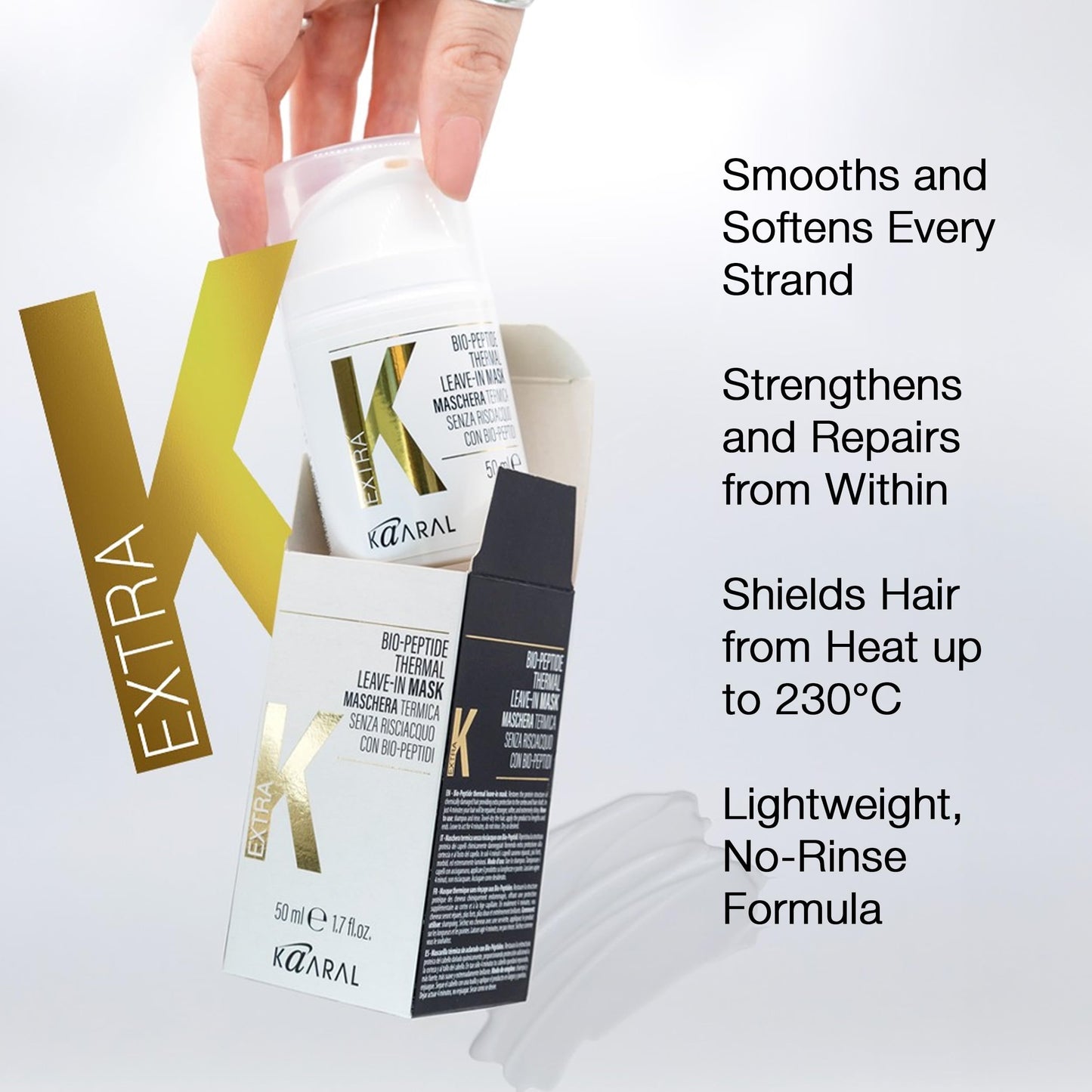 Kaaral Bio-Peptide Thermal Leave-In Hair Mask - Intensive Moisture & Heat Protection for Dry Damaged Hair - Strengthening Hydrating Repair with Collagen & Restores Shine - 50ml