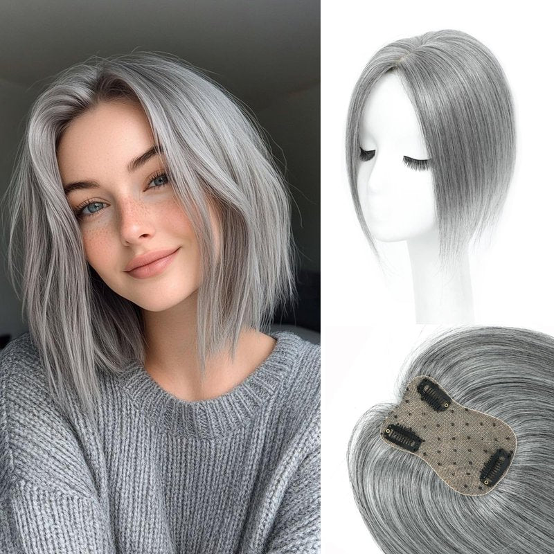 Hair Toppers for Women Real Human Hair， 360° 3D Cover Hair Topper Clip in Bangs 10 Inch Realistic Scalp Pieces for Women with Thinning Crown (Gray, Side Bangs)