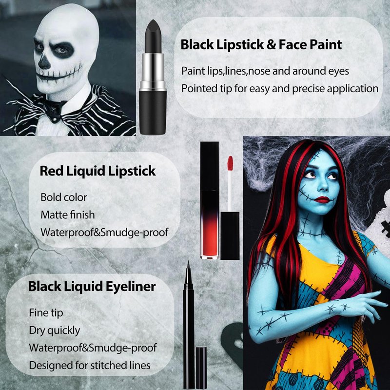 Mysense Skeleton Boy and Ragdoll Girl Makeup Kit for Halloween Jack Cosplay Sally Costume for Adults&Kids with Bald Cap,Pro-Aide Adhesive,Face Paint,Eyeliner,Lipstick&Applicators