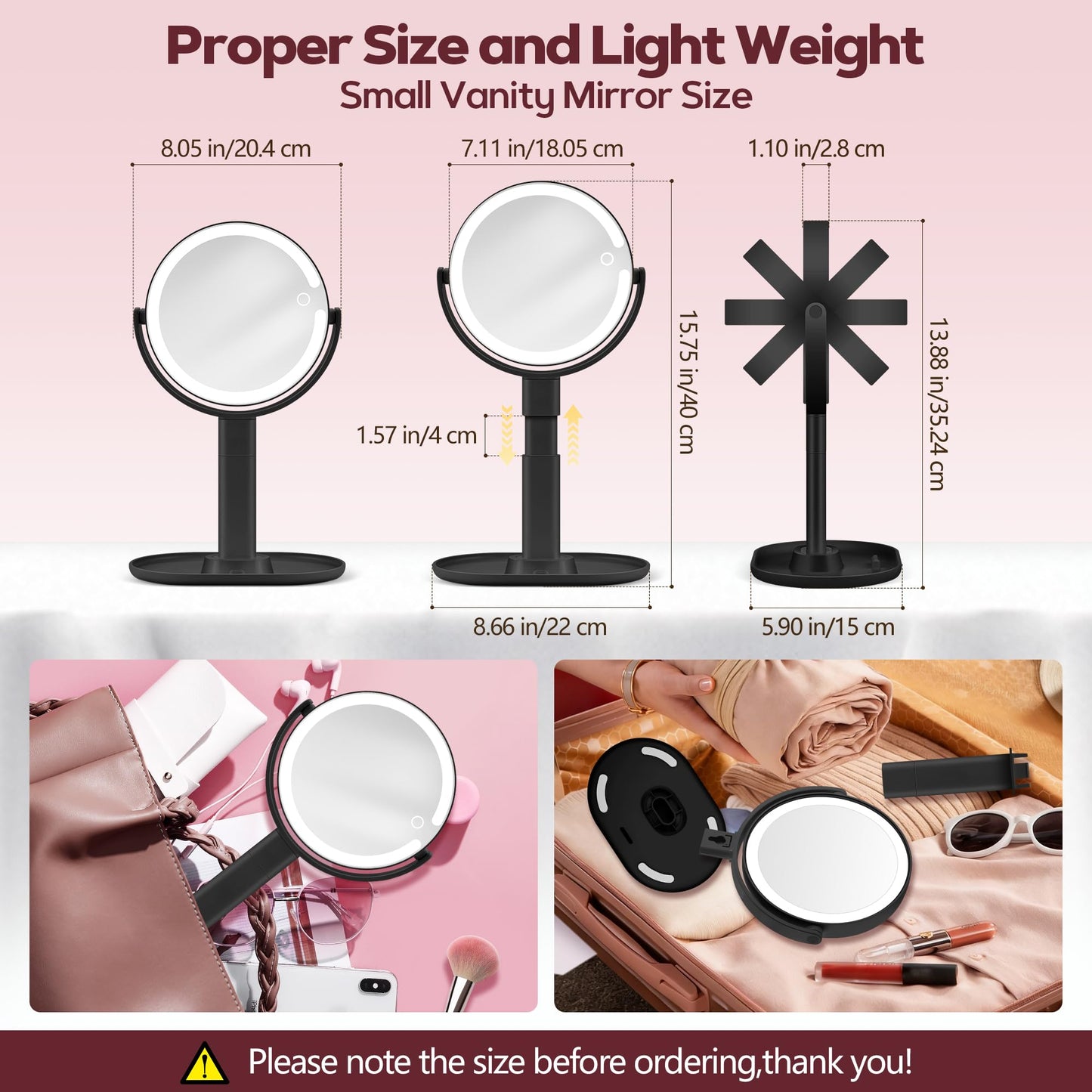 MOMOKUBA Makeup Mirror with Lights, 30X Magnifying & Height Adjustable, Lighted Magnifying Mirror with 3 Light Modes & Stepless Dimming, Vanity Mirrors for Bathroom, Birthday Gift for Women, Rosegold