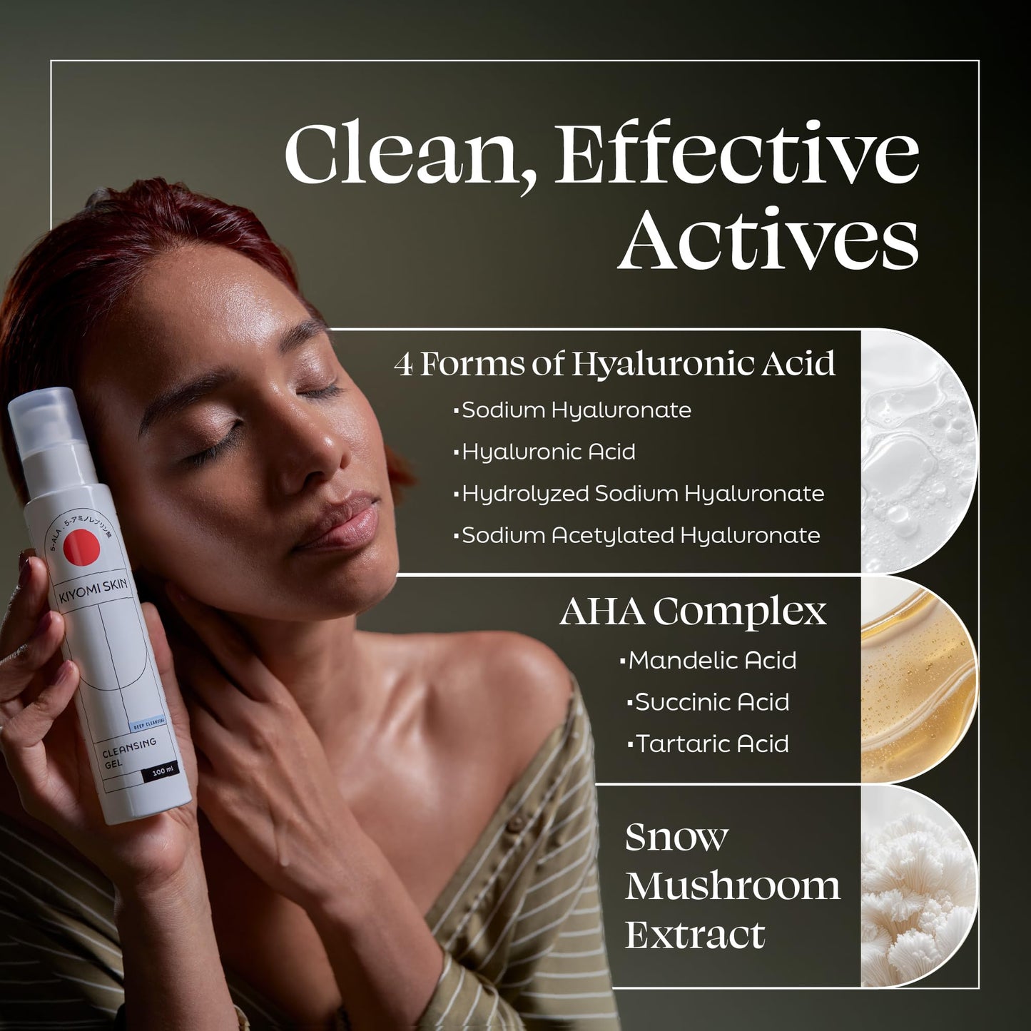 Kiyomi Skin Cleansing Gel - Hydrating Facial Cleanser with AHA Complex, Hyaluronic Acid & Snow Mushroom Extract - Gentle Low Foam Face Wash for All Skin Types - Vegan & Made in Germany - 3.3 Fl Oz