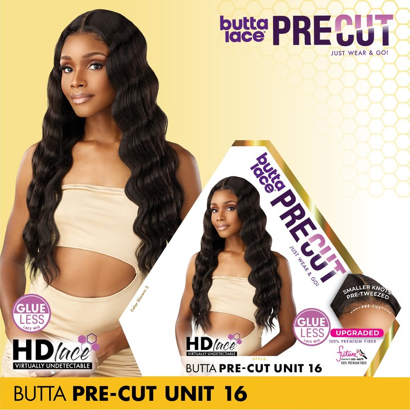 Sensationnel Butta Lace Precut Wigs - Unit 16 Glueless Extra Wide 5 Inch Deep Parting Synthetic Pre Tweezed Smaller Knot Hairline (1 JETBLACK)