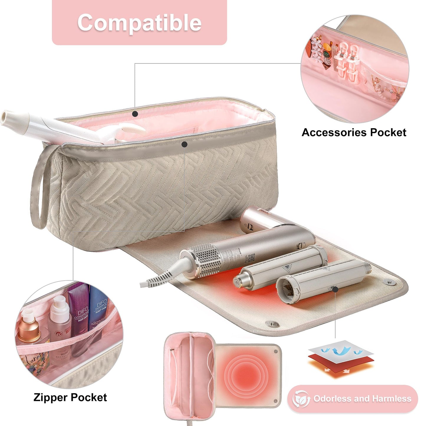 Leudes Hair Tools Travel Bag for Women Heat Resistant Mat for Travel Essentials Hot Tools Straighteners,Flat Irons,Curling Iron,Hot Air Brushes and Hair Dryer Organizer Bags 2 in 1 (Camel)