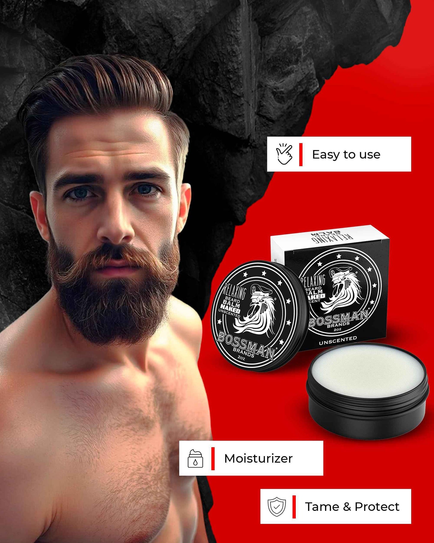 Bossman Relaxing Beard Balm for Men (Naked - Unscented) – Tames, Relaxes, Thickens & Softens for Ultimate Beard Care – Made in USA