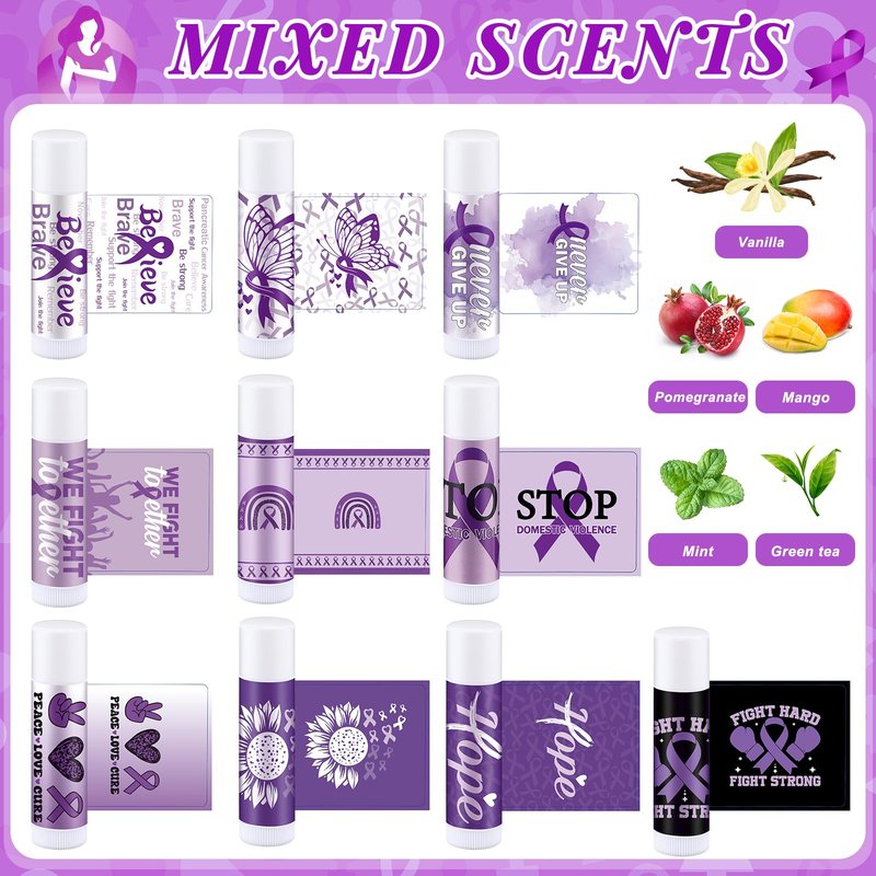 Linyuthia 50 Set Purple Ribbon Awareness Lip Balms Gifts 50 Organza Bags 50 Purple Awareness Ribbon Pins Raise Awareness for Domestic Violence Pancreatic Cancer Lupus Alzheimer's Overdose Awareness