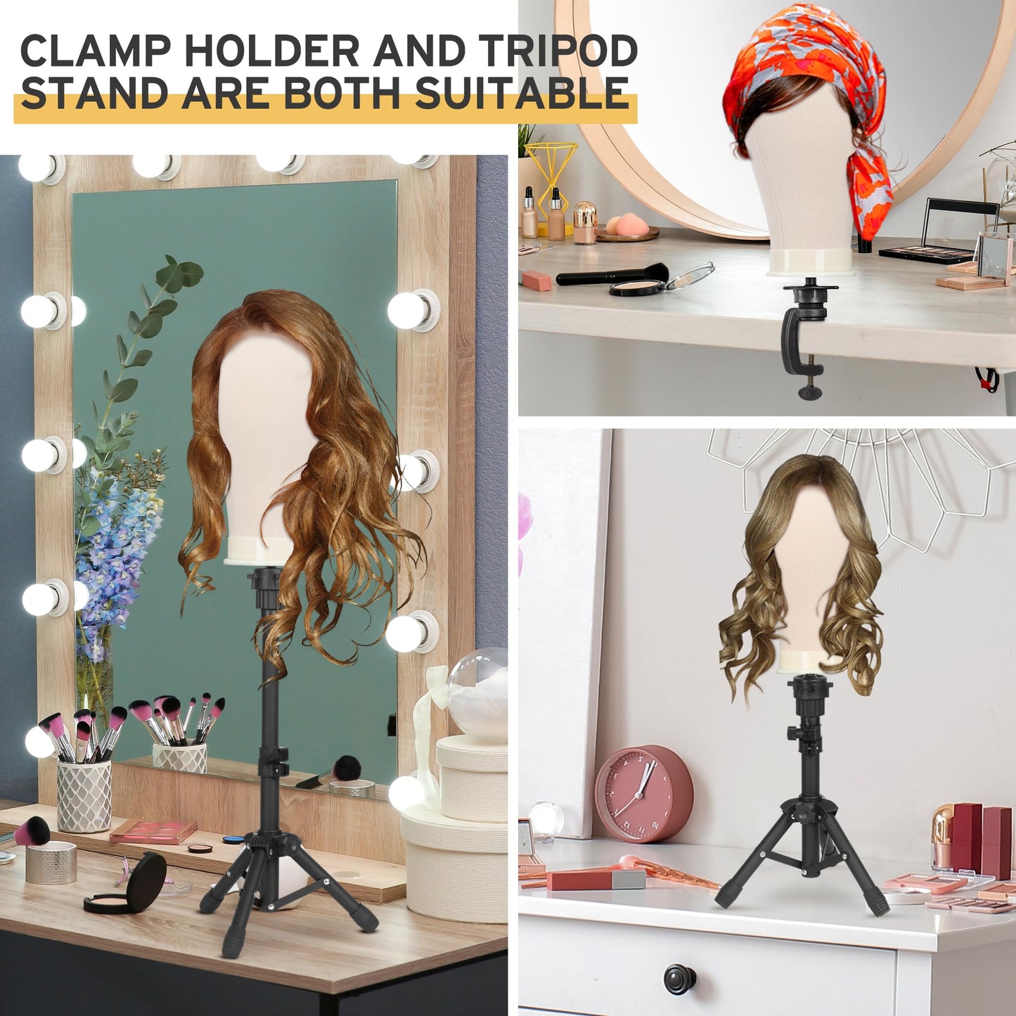 Klvied Desktop Wig Stand Set with 22 Inch Cork Canvas Head, Adjustable 15.4-22.4 Inch Stand, Table Clamp Wig Holder for Wig Display, Trimming and Styling Practice