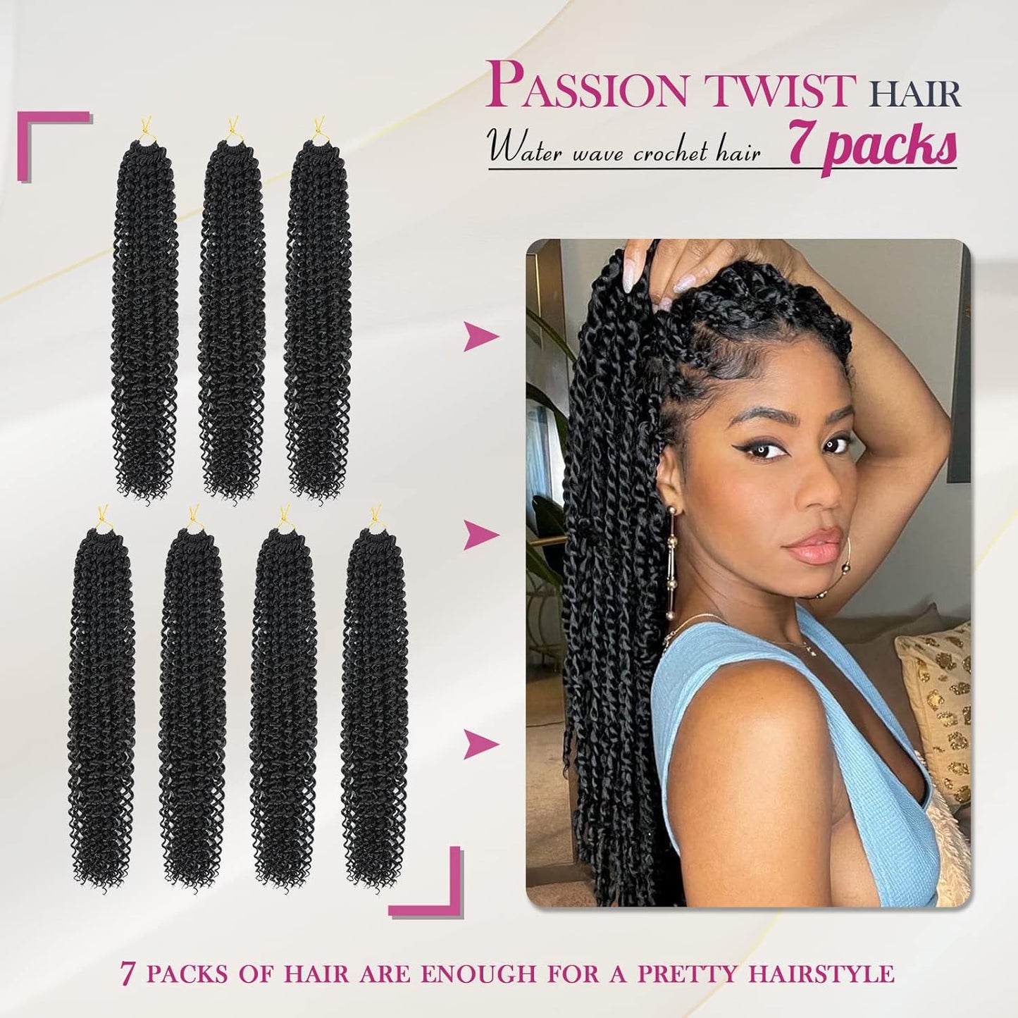 Passion Twist Hair - Water Wave Braiding Extensions for Butterfly Style Crochet Braids | 24 Inch, #1B (7 Packs)