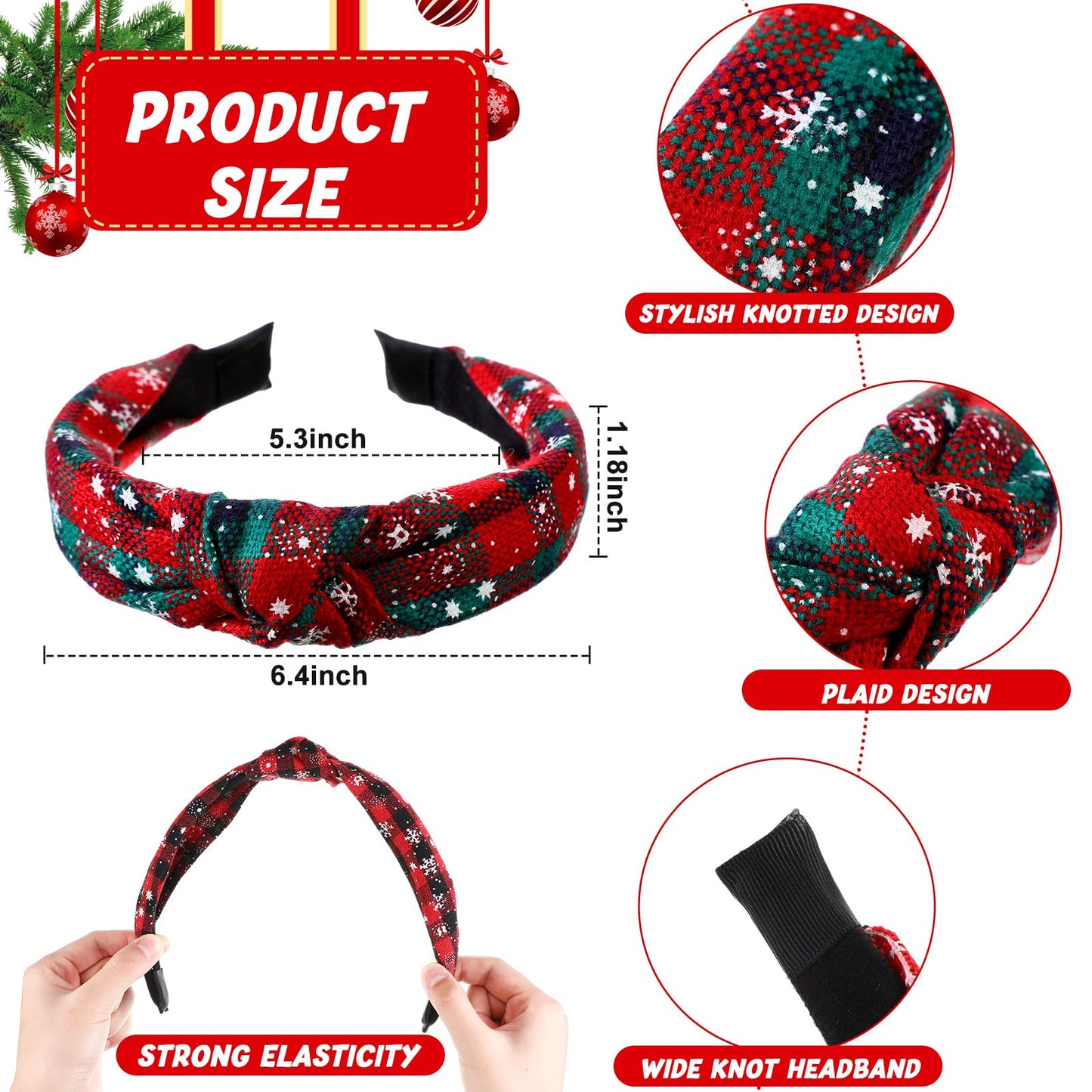 Yilloog 12 Pcs Christmas Knotted Retro Hair Band Snowflake Buffalo Plaid Headband Green Red for Women Wide Accessories Holiday Hoop Hairband for Yoga Run Work