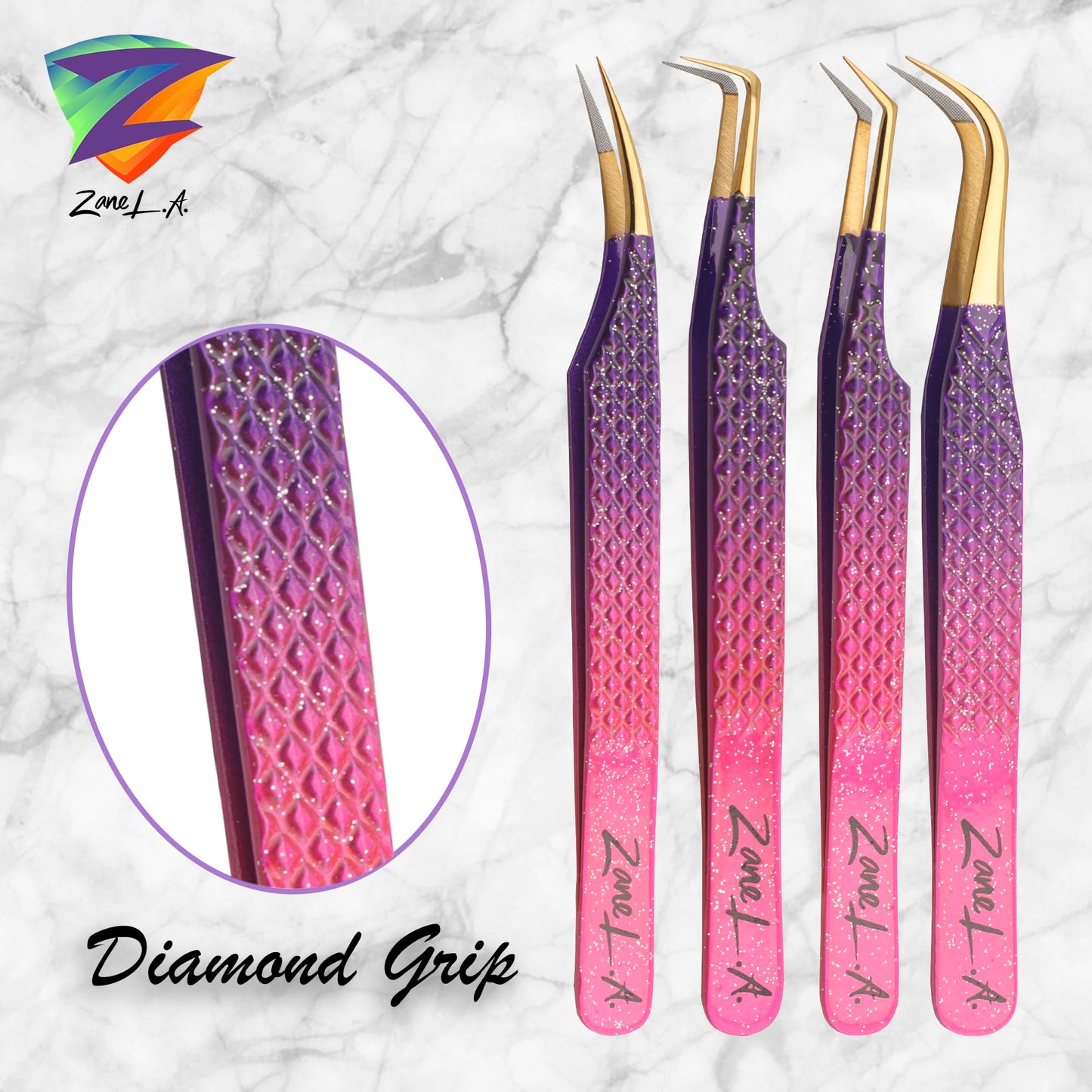 Zane L.A. Nano Fiber Tip Professional Eyelash Extension Tweezers, a pack of 4, Quality tweezers made with Japanese Stainless Steel, includes Stylish Half Moon Mirror. (Multi-Color)