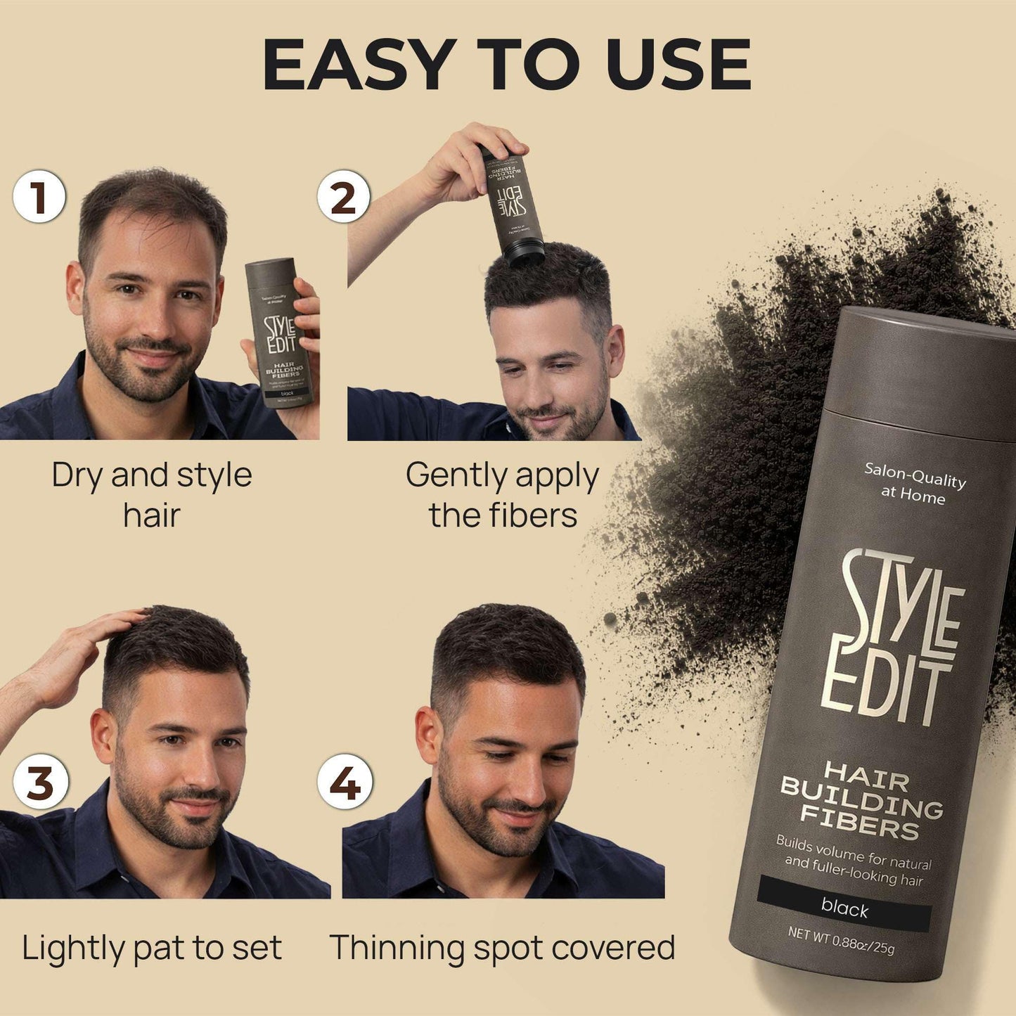 Style Edit Hair Building Fibers for Thinning Hair | Conceals Receding Hairlines, Fine Hair & Bald Spots | 100% Plant-Based Hair Thickening Powder for Men & Women, 0.88oz
