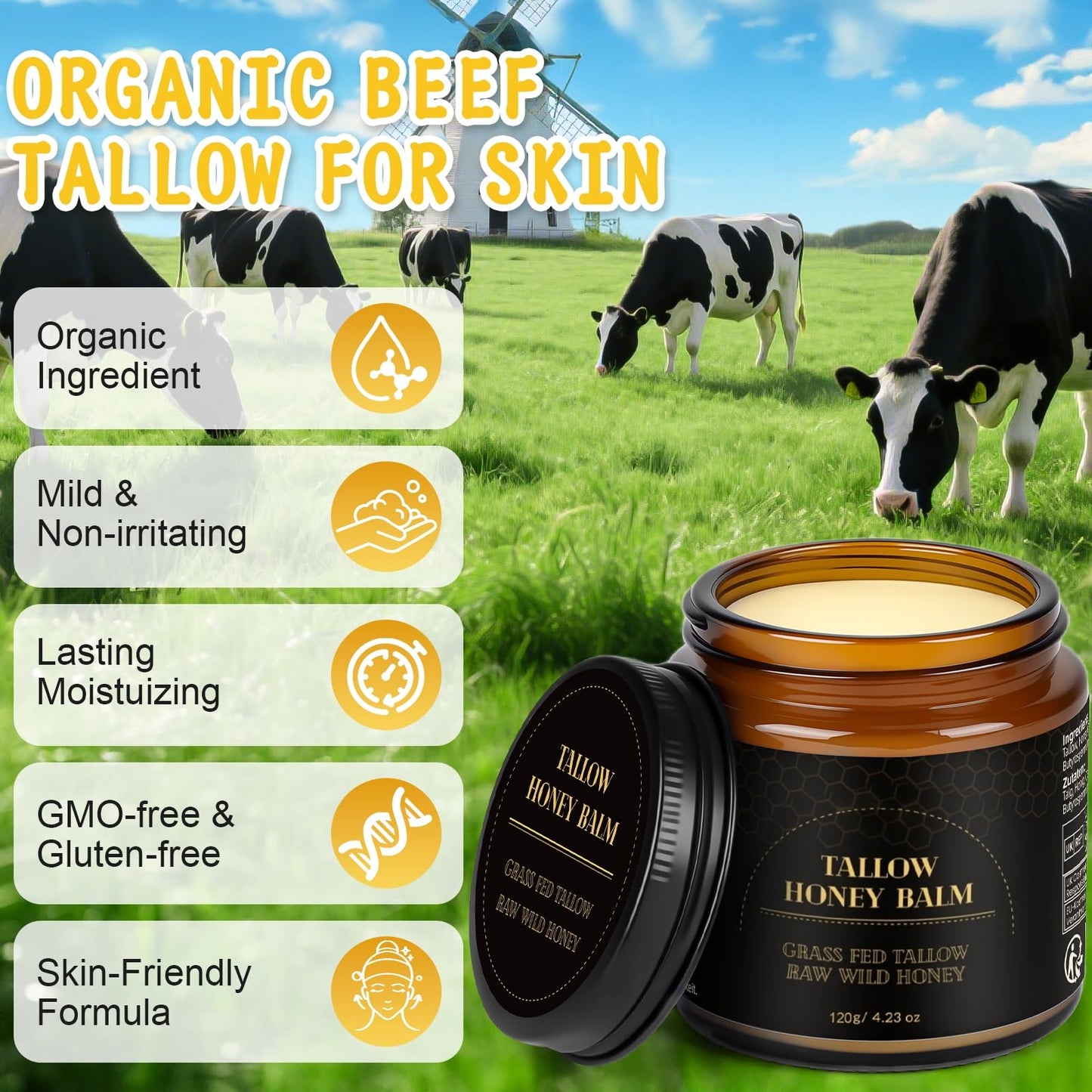 IIIMEIDU Beef Tallow for Skin, Tallow and Honey Balm for Face Moisturizer Balm, 100% Natural Organic Grass-Fed Beef, Honey, Vitamin E Oil for Body & Face (4.2 Oz, honey/balm)