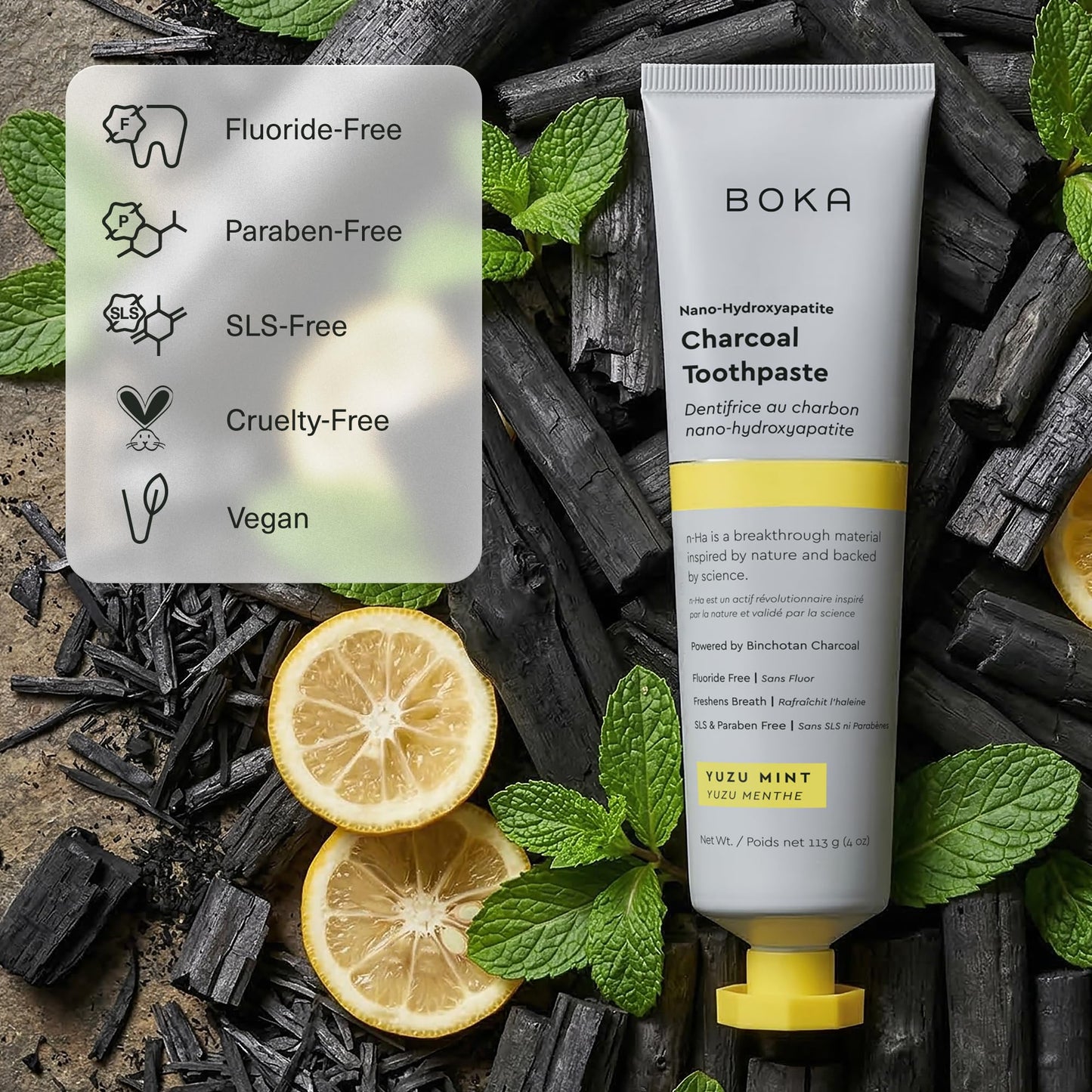 Boka Fluoride Free Toothpaste, Nano Hydroxyapatite Toothpaste, Appropriate for Sensitive Teeth - for Adult Oral Care - Charcoal Yuzu Mint Flavor, 4 Fl Oz 1Pk