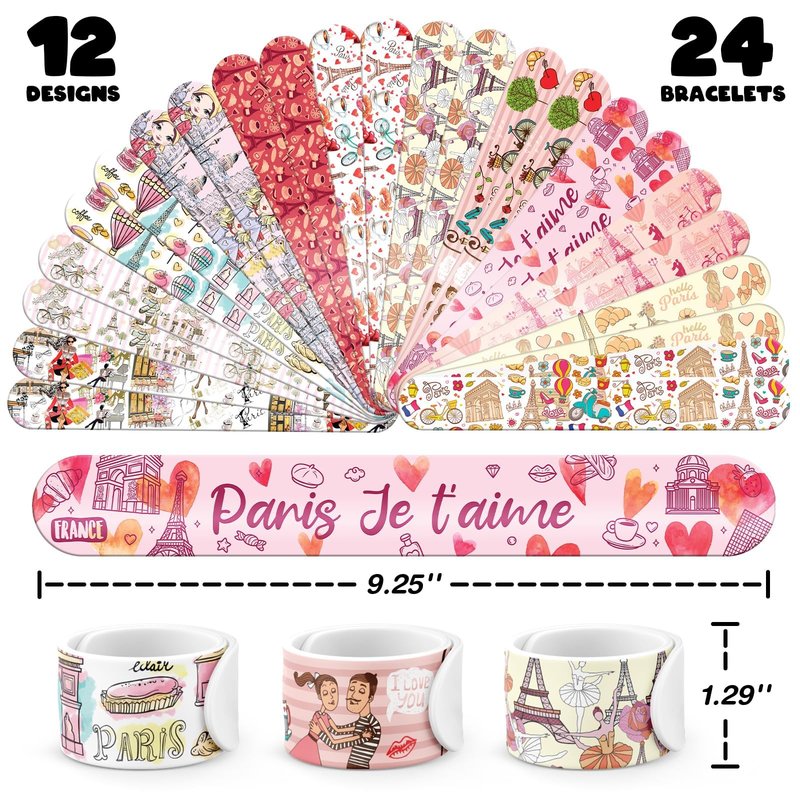 BOIKOKY 96 PCS Paris Party Favors Set – 72 Temporary Tattoos & 24 Slap Bracelets for Kids, Paris Themed Party Decorations & Gifts, Ideal Paris Souvenirs and Decor Toys