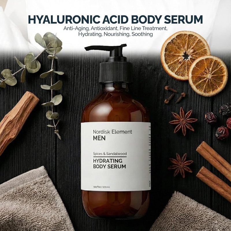Nordisk Element Body Serum for Men - Lightweight Hydrating Serum with Hyaluronic Acid & Antioxidants | 9.13 Fl Oz, Vegan, Sandalwood Scent