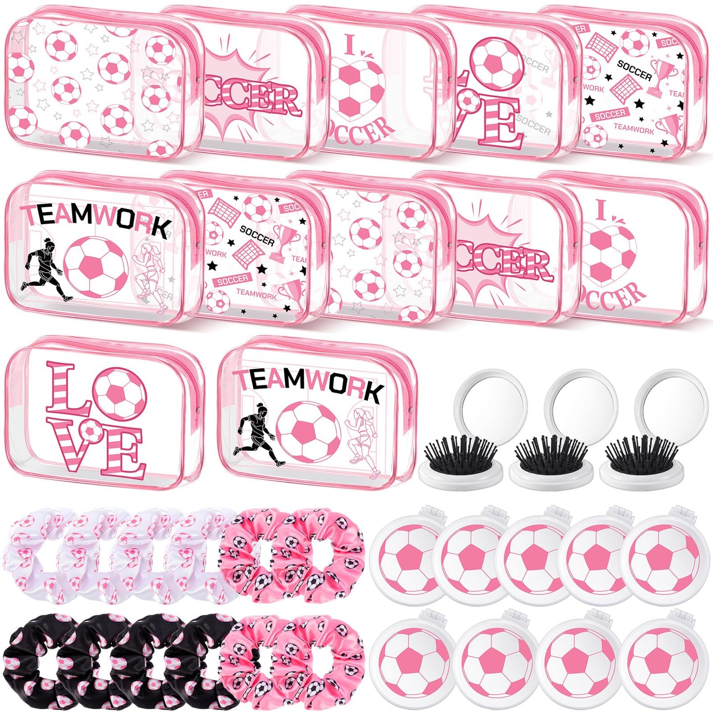 Sunnymove 36 Pcs Pink Soccer Gifts for Women 12 Pink Soccer Makeup Bag Bulk Cosmetic Bag Sport Team Gifts with 12 Sport Hair Scrunchies 12 Round Portable Folding Brush Mirror for Coach Team Party