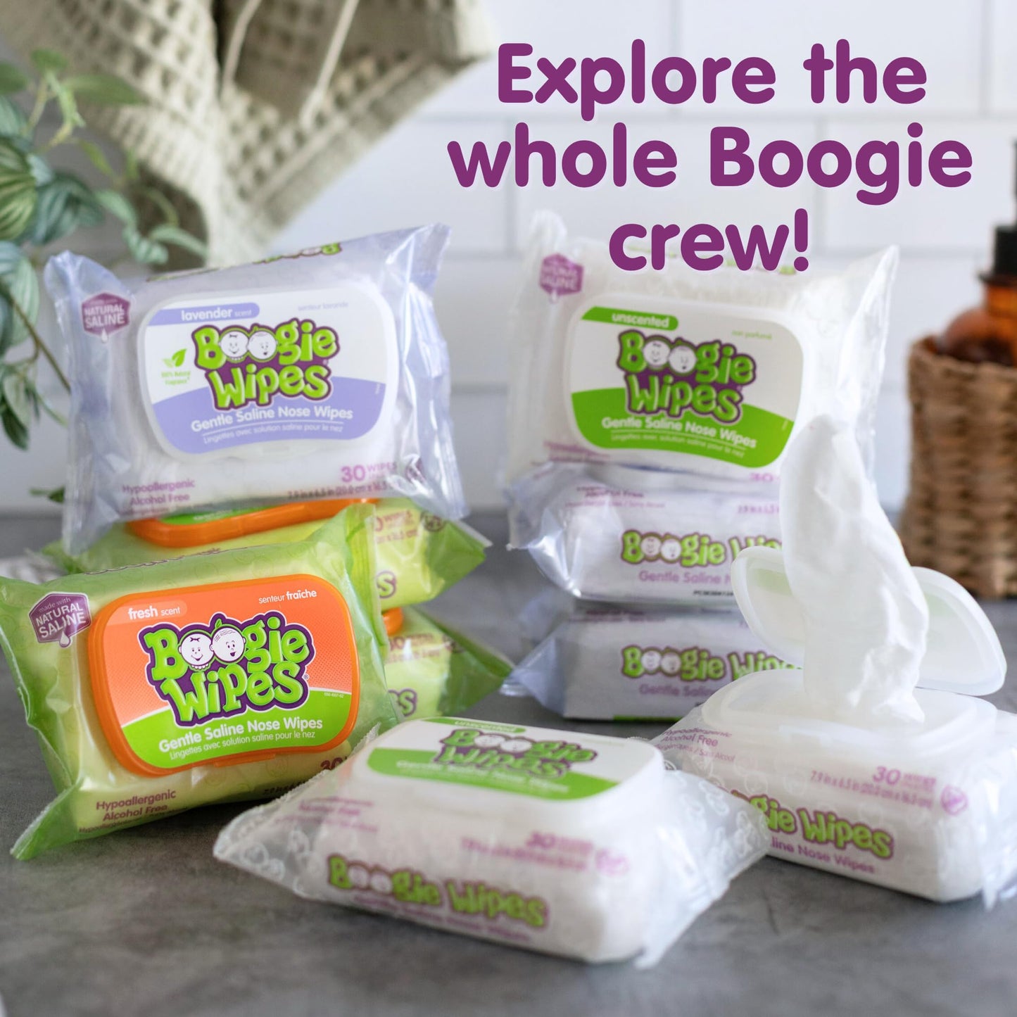 Boogie Wipes Saline Nose Wipes - 90 Count - Lavender Scent, Hypoallergenic & Alcohol-Free - Allergy Relief - Made with Natural Saline, Aloe, Chamomile & Vitamin E - Diaper Bag Essential
