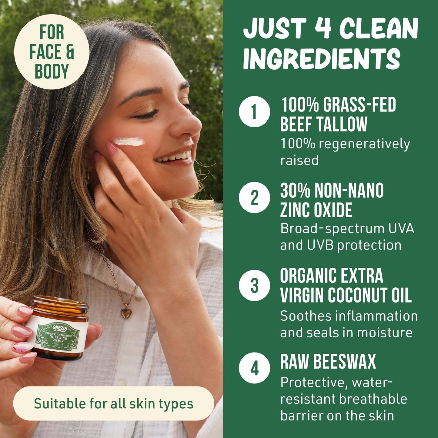 Grazly Beef Tallow Sunscreen SPF 35 – Unscented Water Resistant Zinc Sun Balm, Non-Greasy Natural Sunscreen for Face & Body – 4 Natural Ingredients: Non-Nano Zinc, Organic Coconut Oil, Beeswax- 1.8 oz