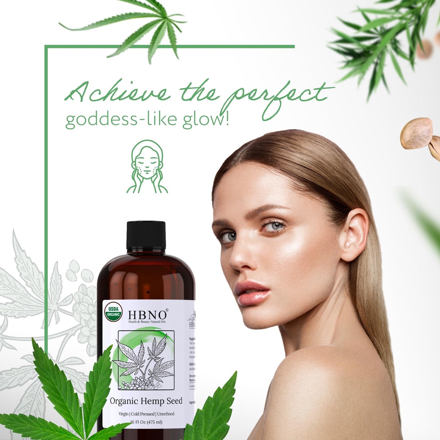HBNO Organic Hemp Seed Oil -16 OZ (475ml) Value Size - Natural Hemp Oil, Cold Pressed - Perfect Carrier for Massage, Aromatherapy, Diy, Soap Making, Face, Body, Lips, Hair, Nails