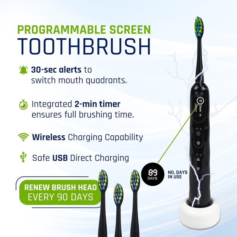BRUSHKINZ Electric Toothbrush for Adults, Battery Operated Rechargeable Sonic Toothbrush, Travel Tooth Brush Set with 4 Replacement Toothbrush Heads & Case, Wireless Charging Lasts 90 Days, White