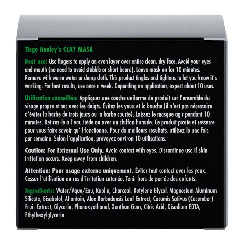 Tiege Hanley Mens Detoxifying Facial Clay Mask, 2 Oz (1-Pack) - Deep Pore Cleansing Charcoal Face Mask with Natural Kaolin Clay Absorbs Excess Oil & Reduces Appearance Pores - Skin Care for Men