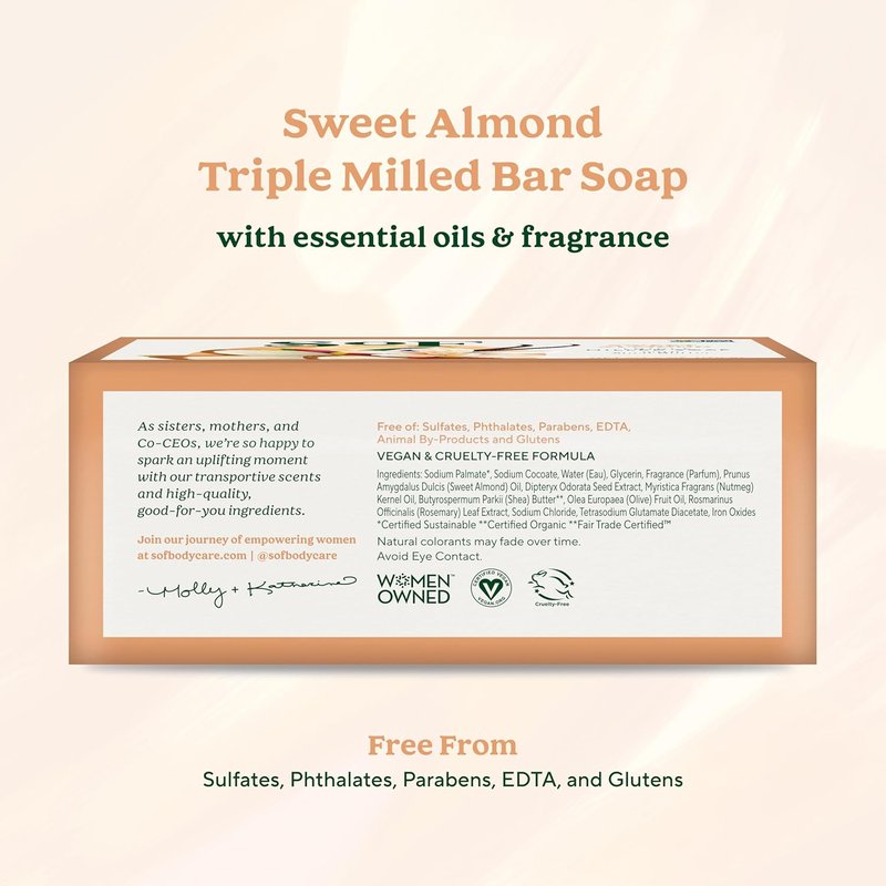 Triple Milled Bar Soap with Coconut Oil & Shea Butter - Vegan, Non-GMO, Sweet Almond - 6 oz Bar (Pack of 6)