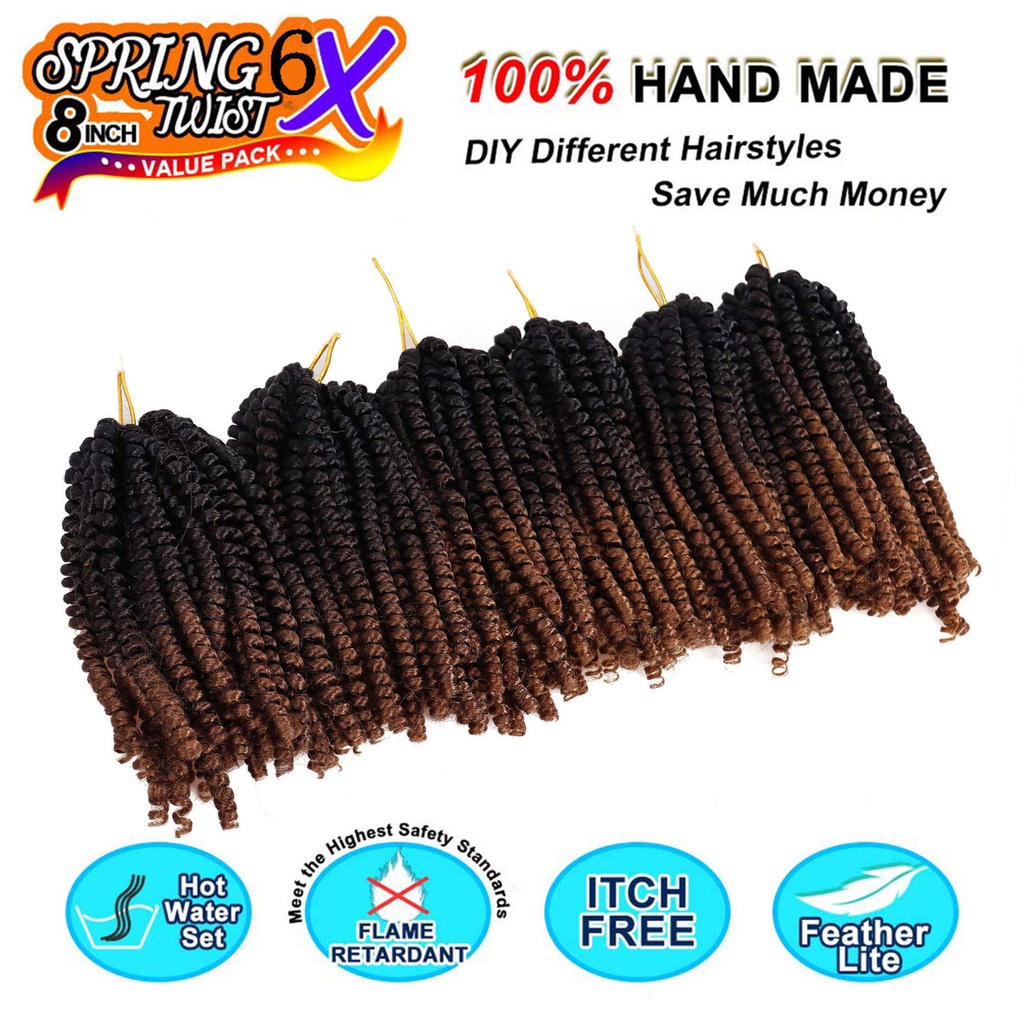 6 Packs Spring Twist Braiding Hair Spring Twists Twist Hair Synthetic Fiber Fluffy Twist Crochet Braids Low Temperature Twist Crochet Hair for Women Braiding Hair(8inch,T1B/4/30)