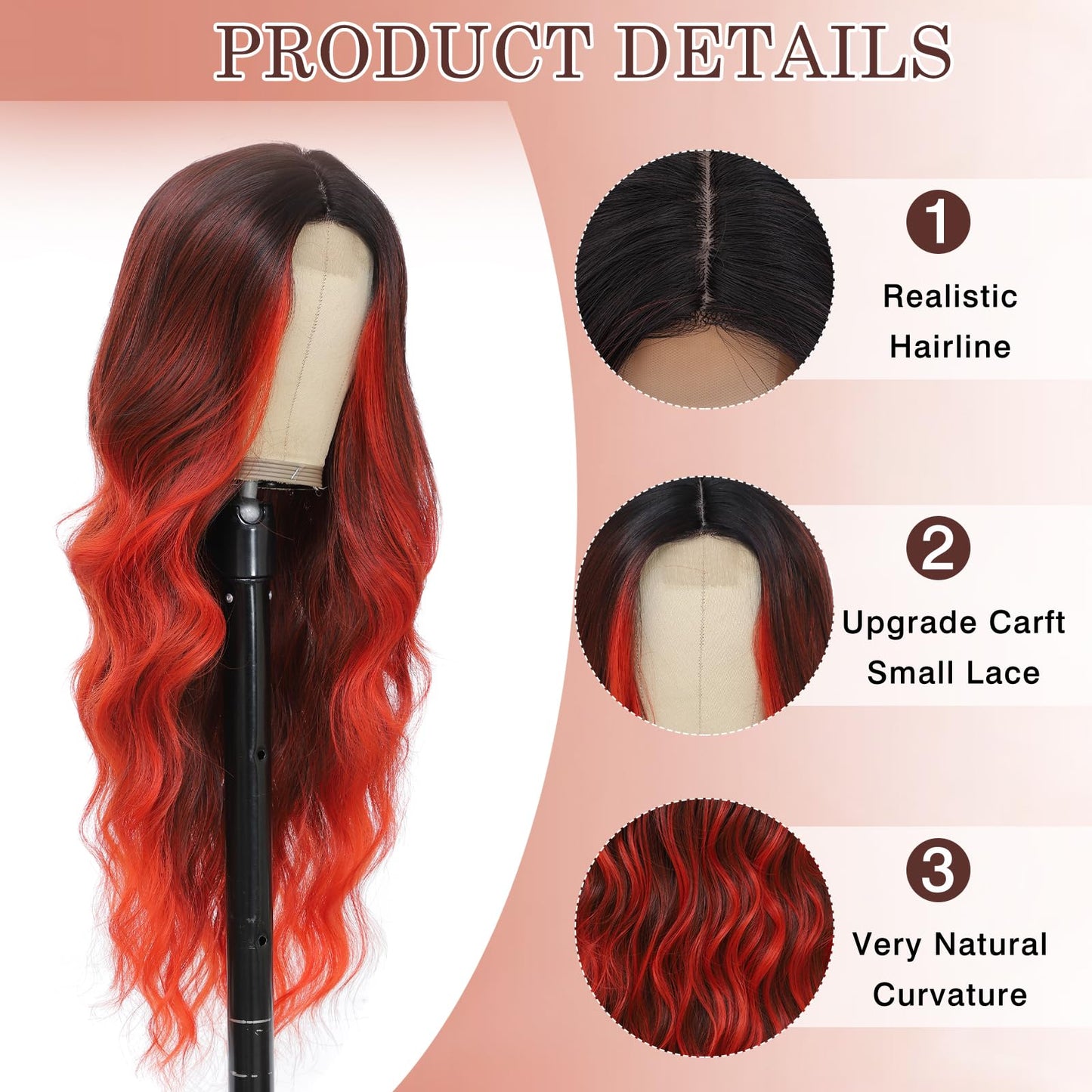 Angzon Long Red Wavy Wig for Women 26 Inch Ombre Red Middle Part Curly Synthetic Hair Wig Natural Look Heat Resistant Fiber for Daily Party Use