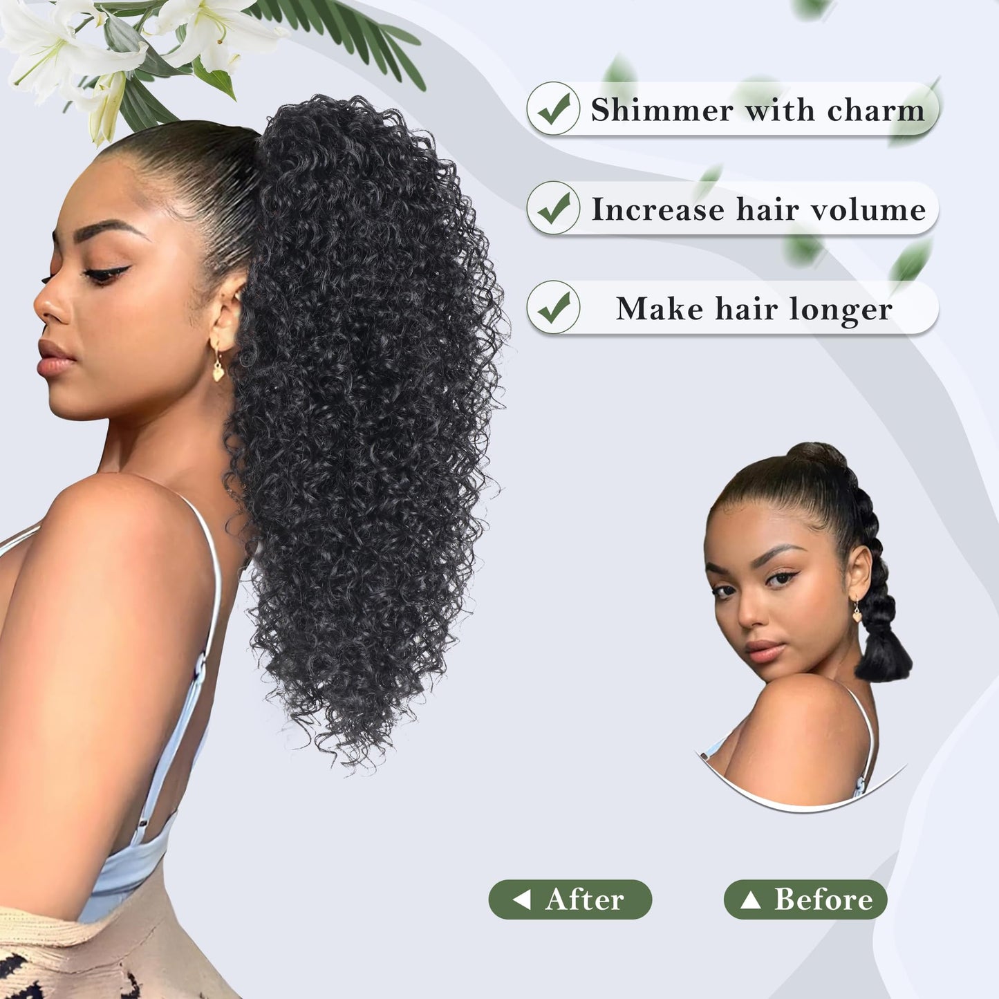 Alebery 20 Inch Drawstring Ponytail Extension for Black Women Deep Curly Ponytail Extension Synthetic Mixed with Human Hair Hairpieces Afro Kinky Curly Pony Tail for Daily Use (Black)