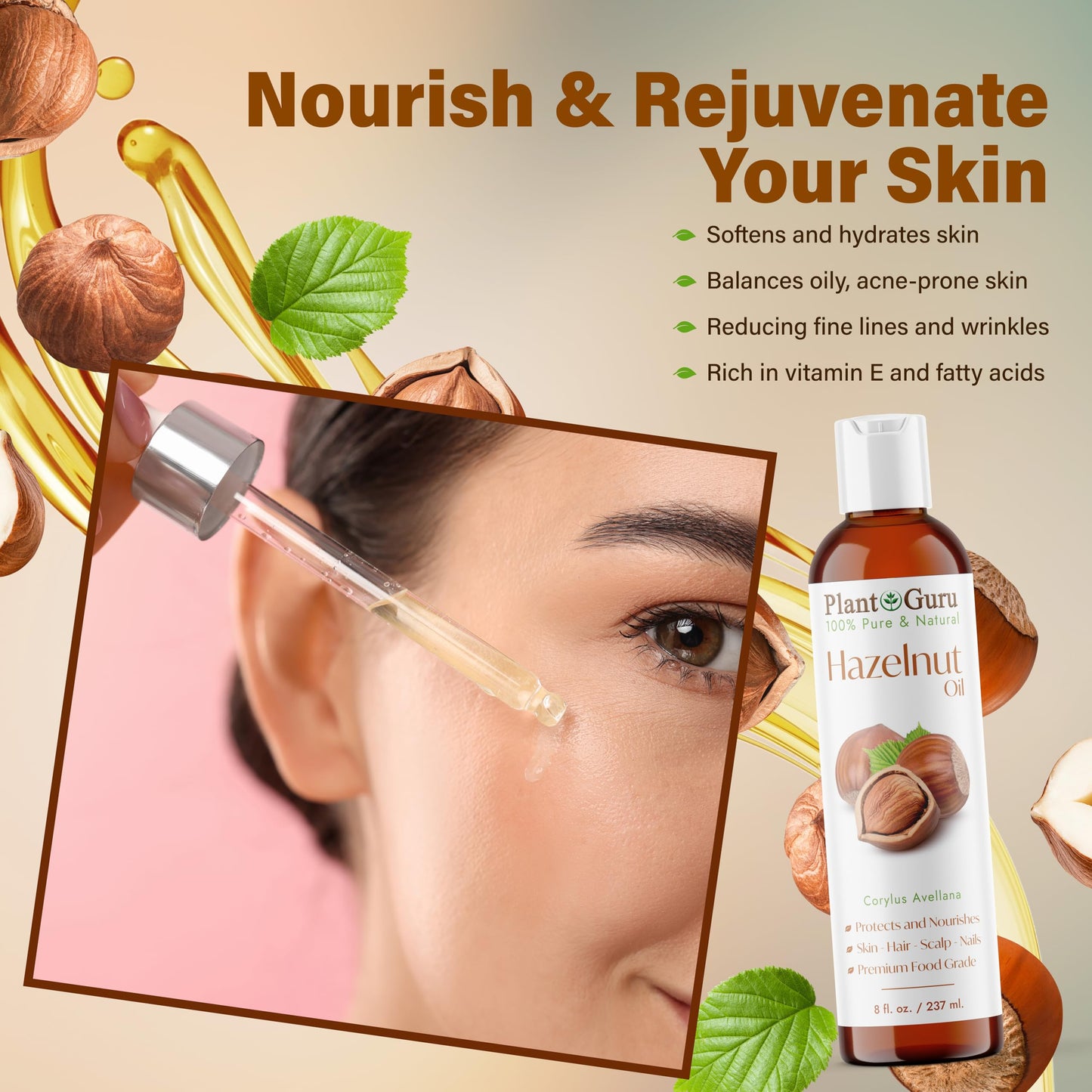 Hazelnut Oil 32 fl. oz. Cold Pressed 100% Pure Natural Carrier - Skin, Face, Body And Hair Growth Moisturizer. Great For DYI Cream, Lotions and Lip balm.