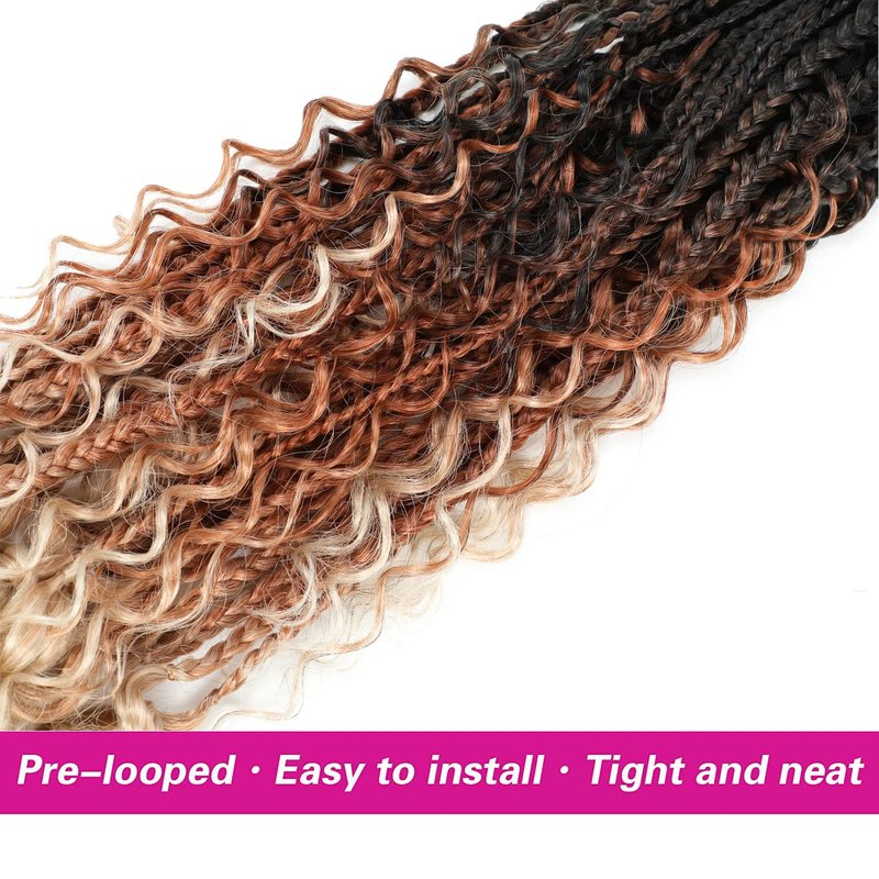 Goddess Crochet Box Braids Curly Ends 144 Strands 22 Inch Bohomian Goddess Box Braids Crochet Hair Synthetic Crochet Braids Hair Extensions(22 Inch,1B/30/27)
