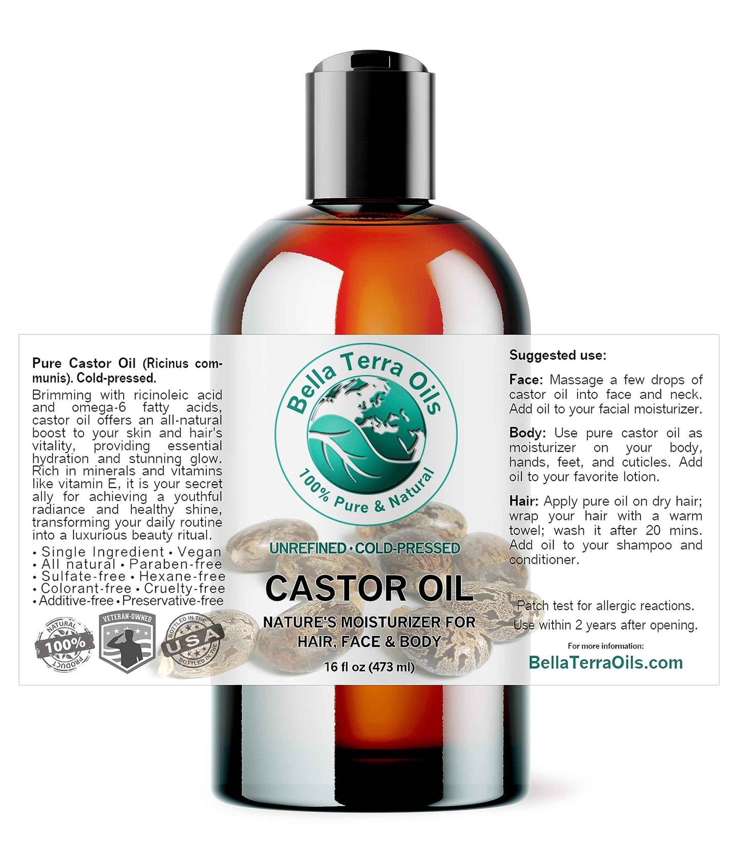Bella Terra Oils - Organic Castor Oil 16 oz - A Nutrient-Dense Experience, Packed with Minerals & Omega-9 Fatty Acids, Elevate Your Beauty Regimen