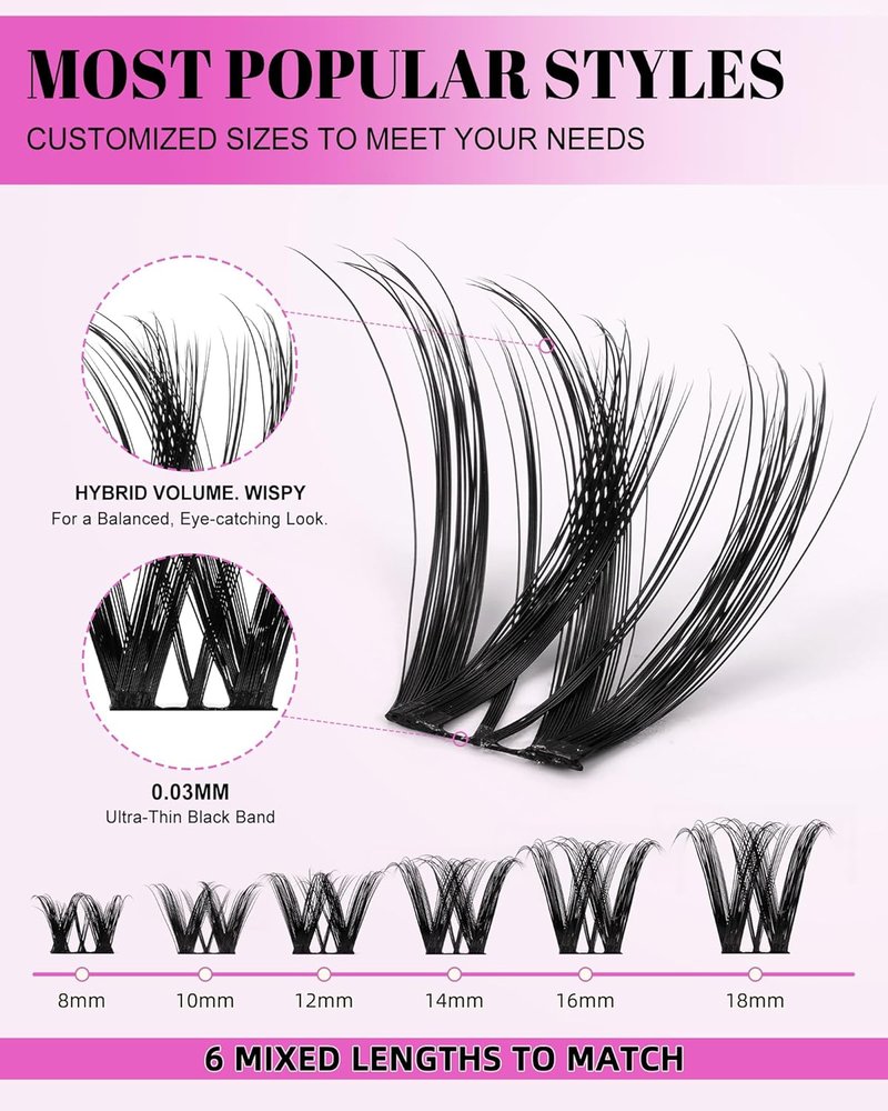 Flora Lash Clusters Kit - Wispy 8-18mm Hybrid Volume Eyelashes | DIY False Lash Extensions with Bond & Seal