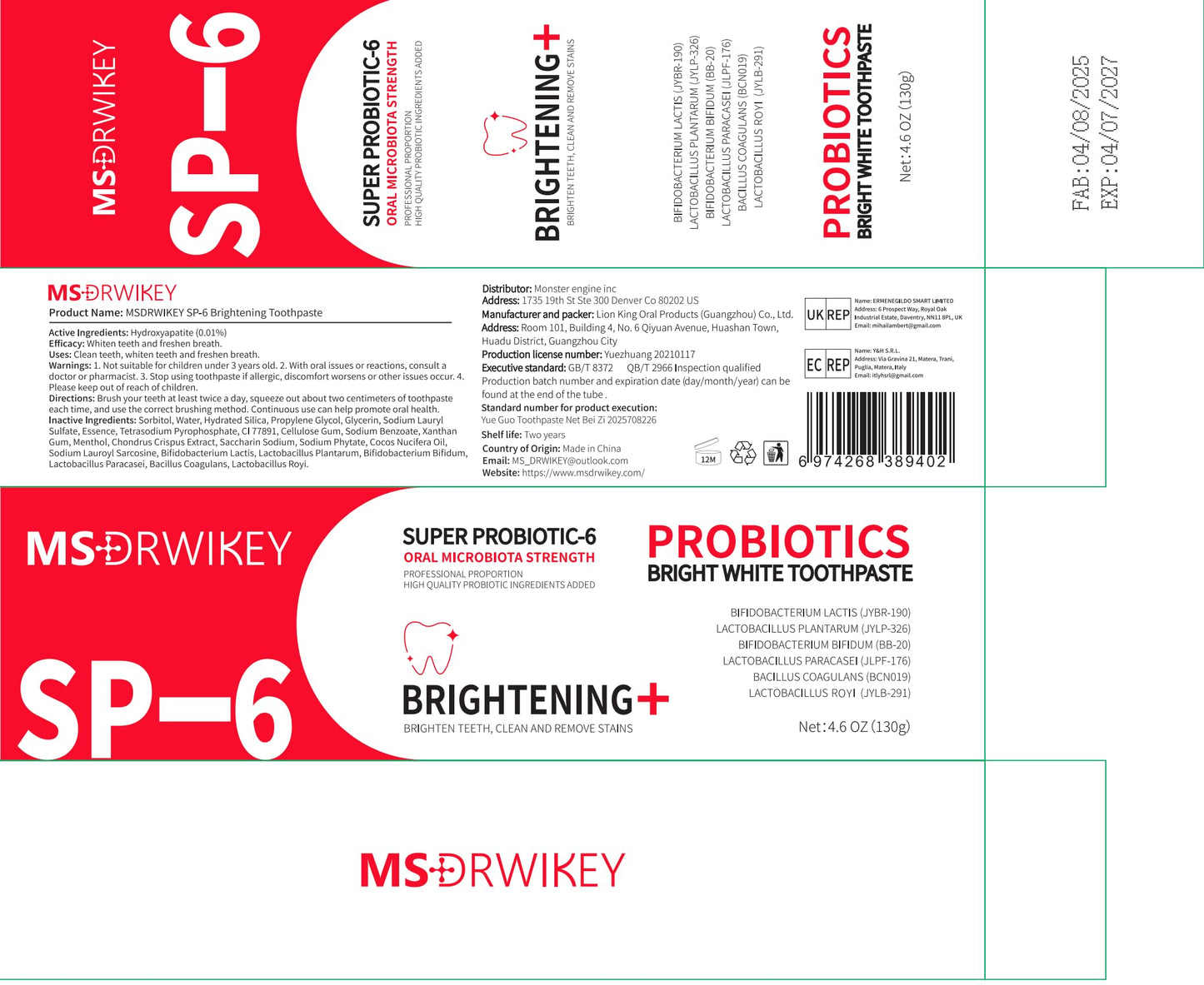 MSDRWIKEY SP-6 Probiotic Whitening Toothpaste - Enhanced Formula with 6 Probiotics for Teeth Whitening and Gum Health - Enamel-Safe, Fluoride-Free, Fresh Mint Flavor, 4.6oz (3)