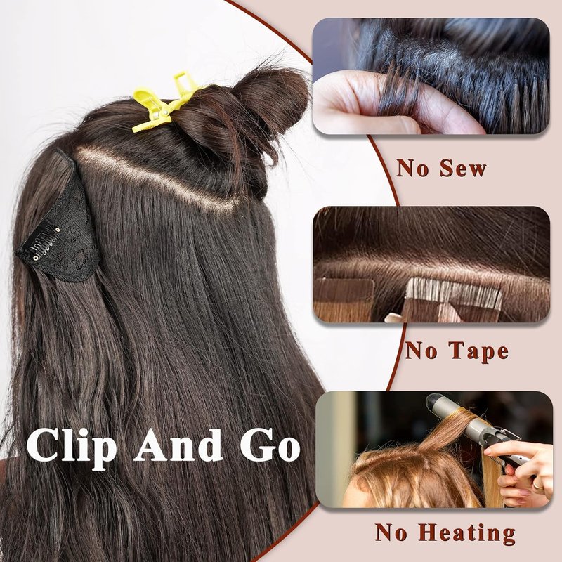 Long Wavy Hair Extensions - 4PCS Copper Red Curly Synthetic Thick Hairpieces | 20 Inch Double Weft Full Head