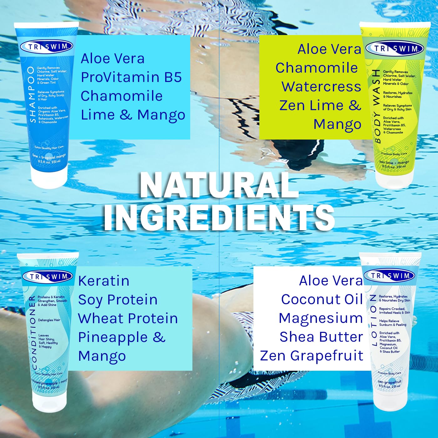 TRISWIM Pack of 4 Swim Care Set | Chlorine Removal Shampoo, Conditioner, Body Wash & Lotion, 8.5 fl oz Each | Removes Chlorine from Hair & Skin | Hydrates, Repairs & Protects Swimmers