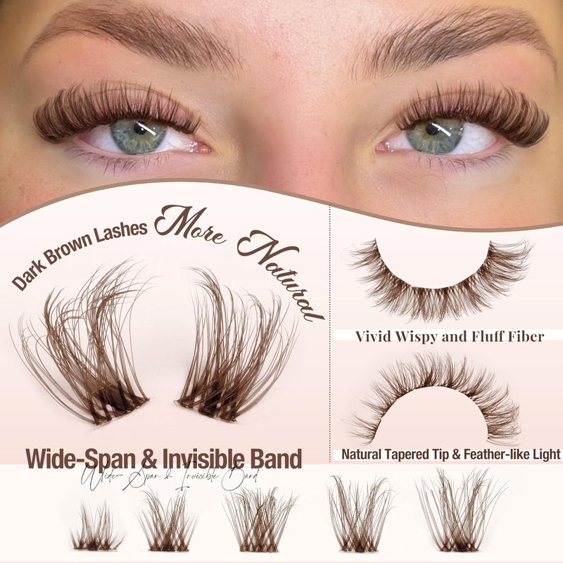 Natural Brown Lash Clusters - Wispy Eyelash Extensions with Invisible Band | 8-16mm D Curl Individual Lashes
