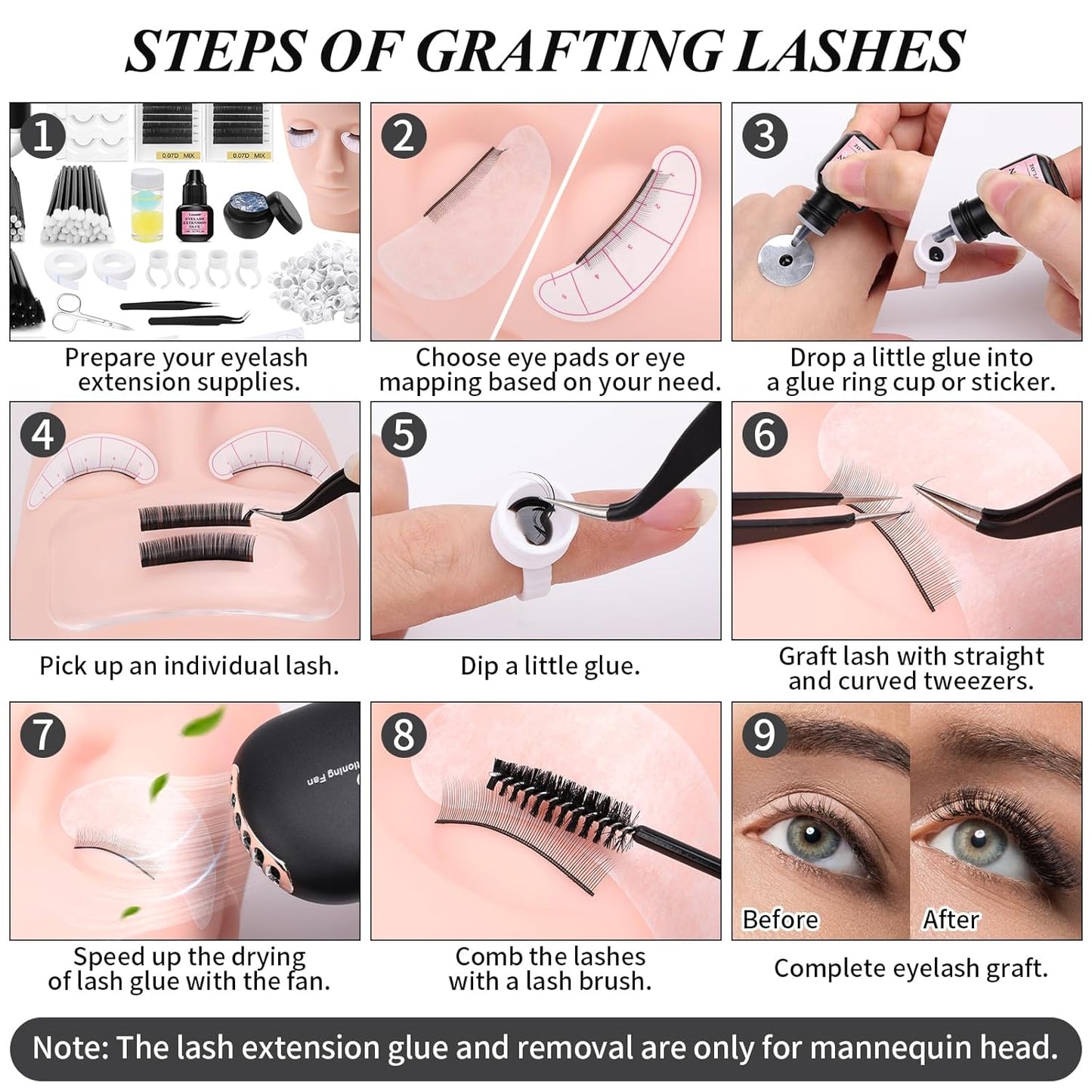 Eyelash Extension Kit - Complete Lash Training Tools Set for Beginners | Mannequin Head, Glue, Tweezers & More
